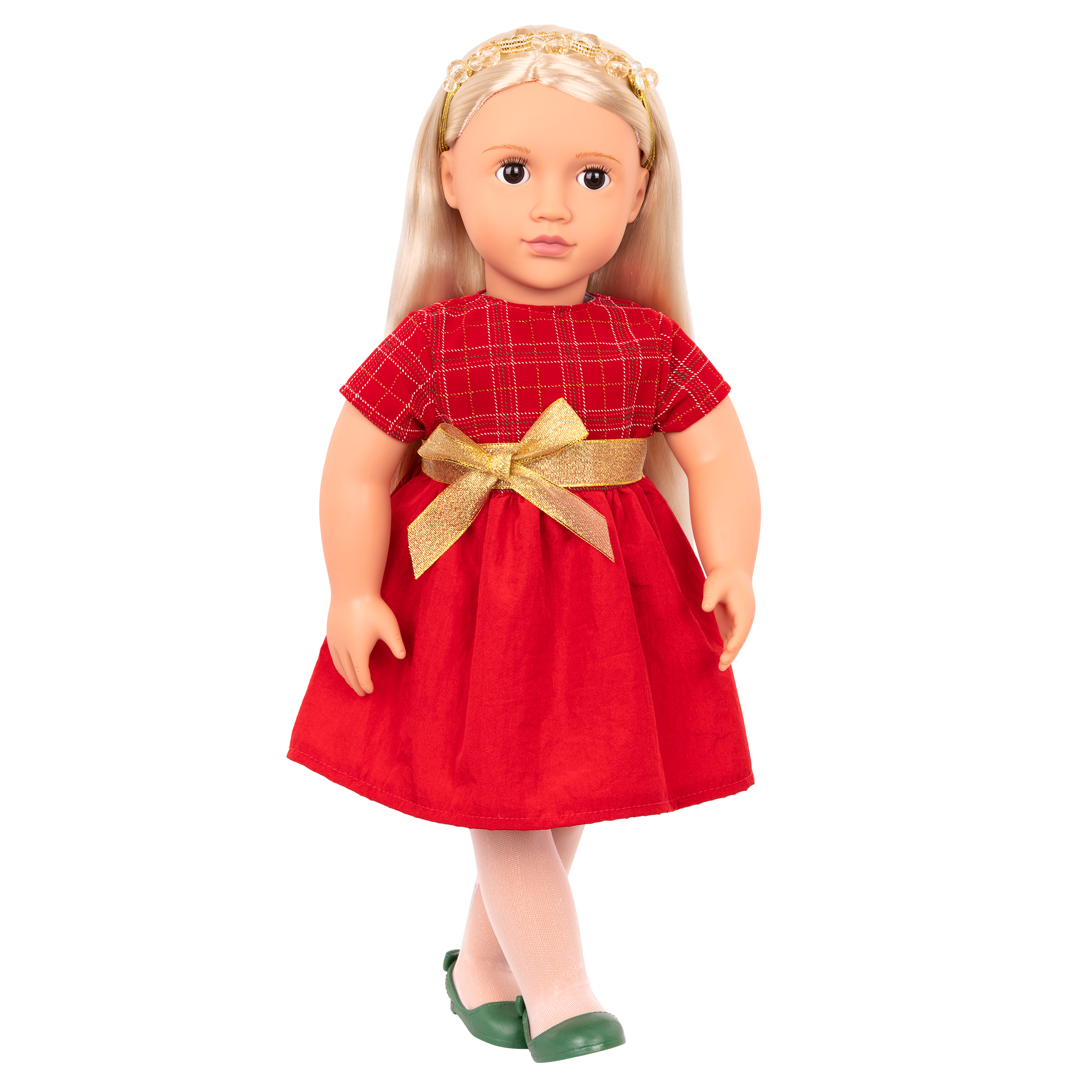18-inch holiday doll with blonde hair and dark brown eyes