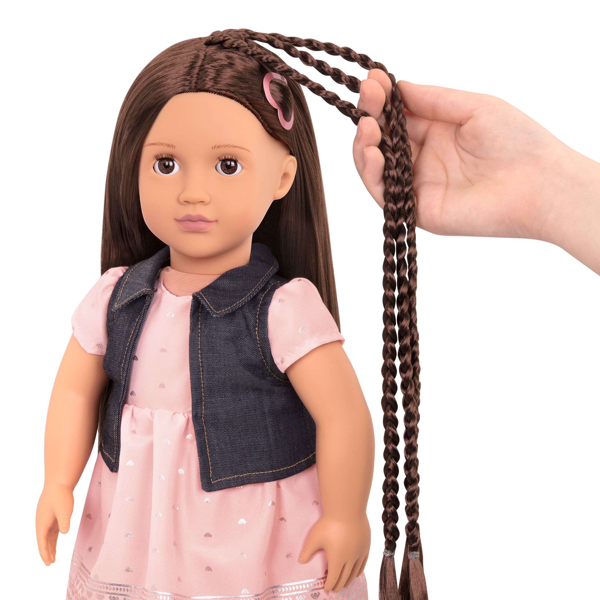 18-inch doll with brown hair, brown eyes and extensions