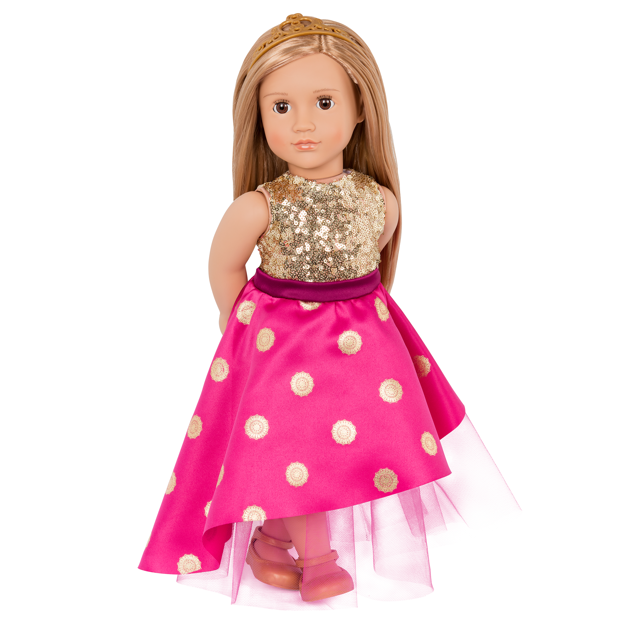 18-inch doll with blonde hair and brown eyes