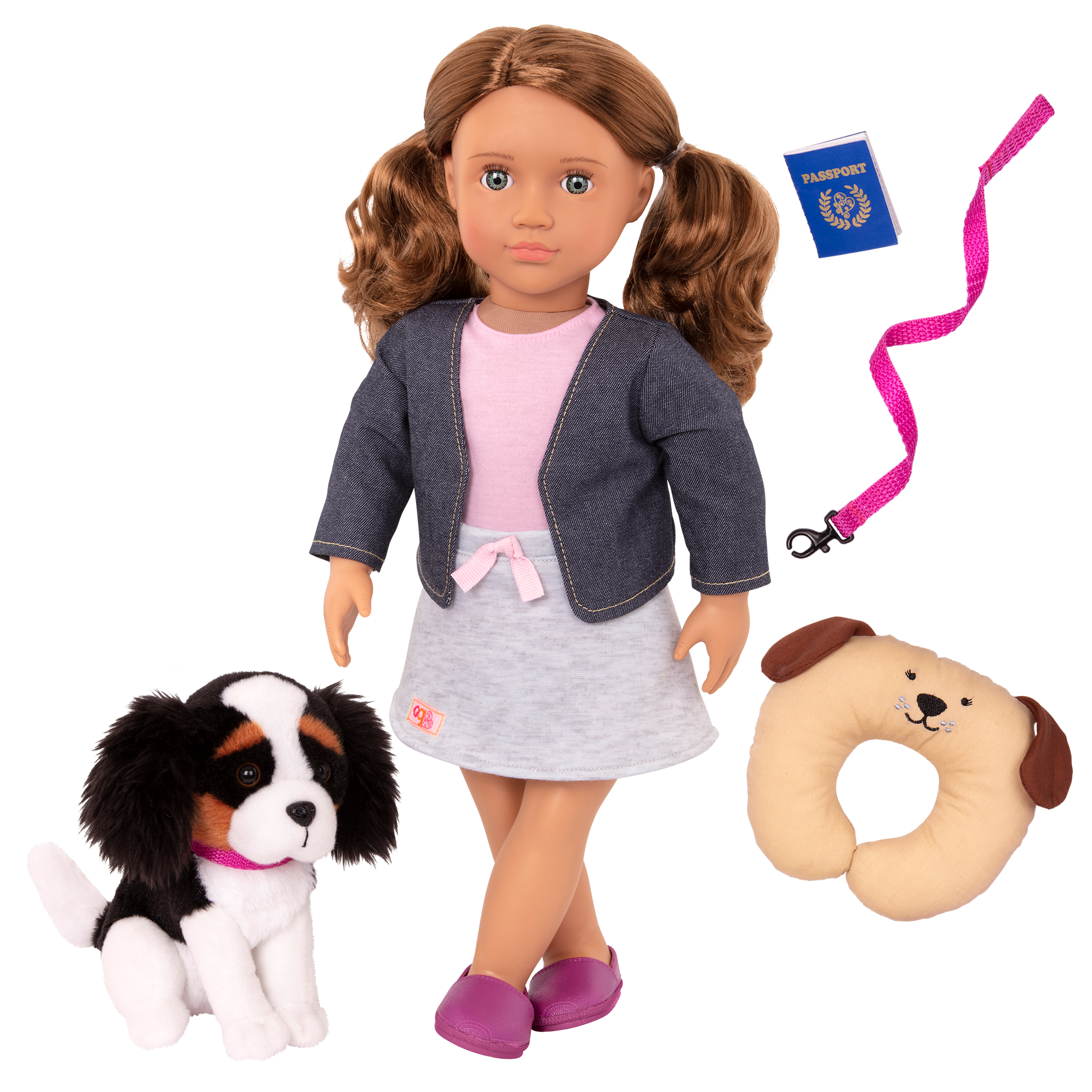 18-inch doll with brown hair, turquoise eyes, travel accessories and Bernese mountain dog plushie
