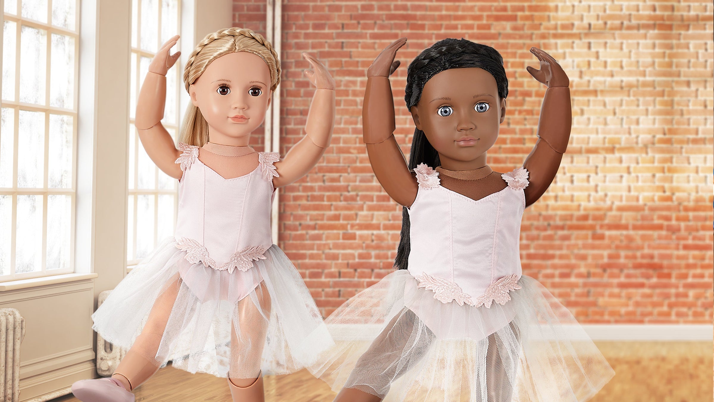 Two 18 Inch Dolls Practicing Ballet Dancing