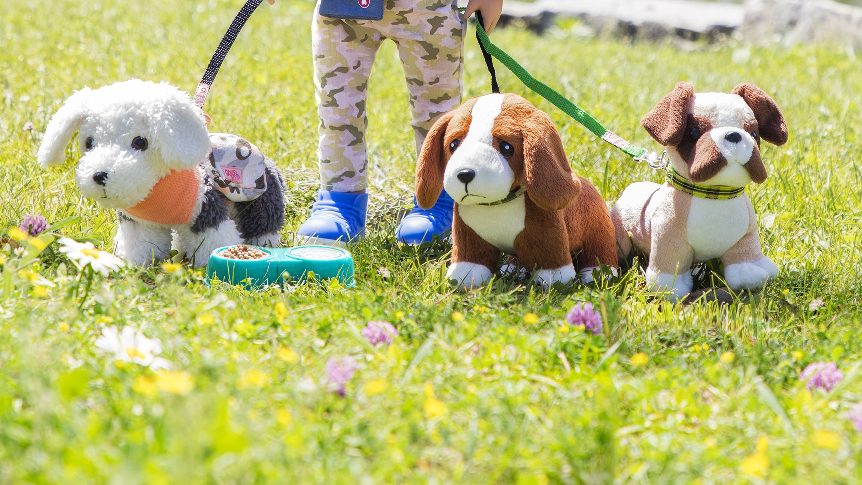 A Doll walking three plush puppies on leashes