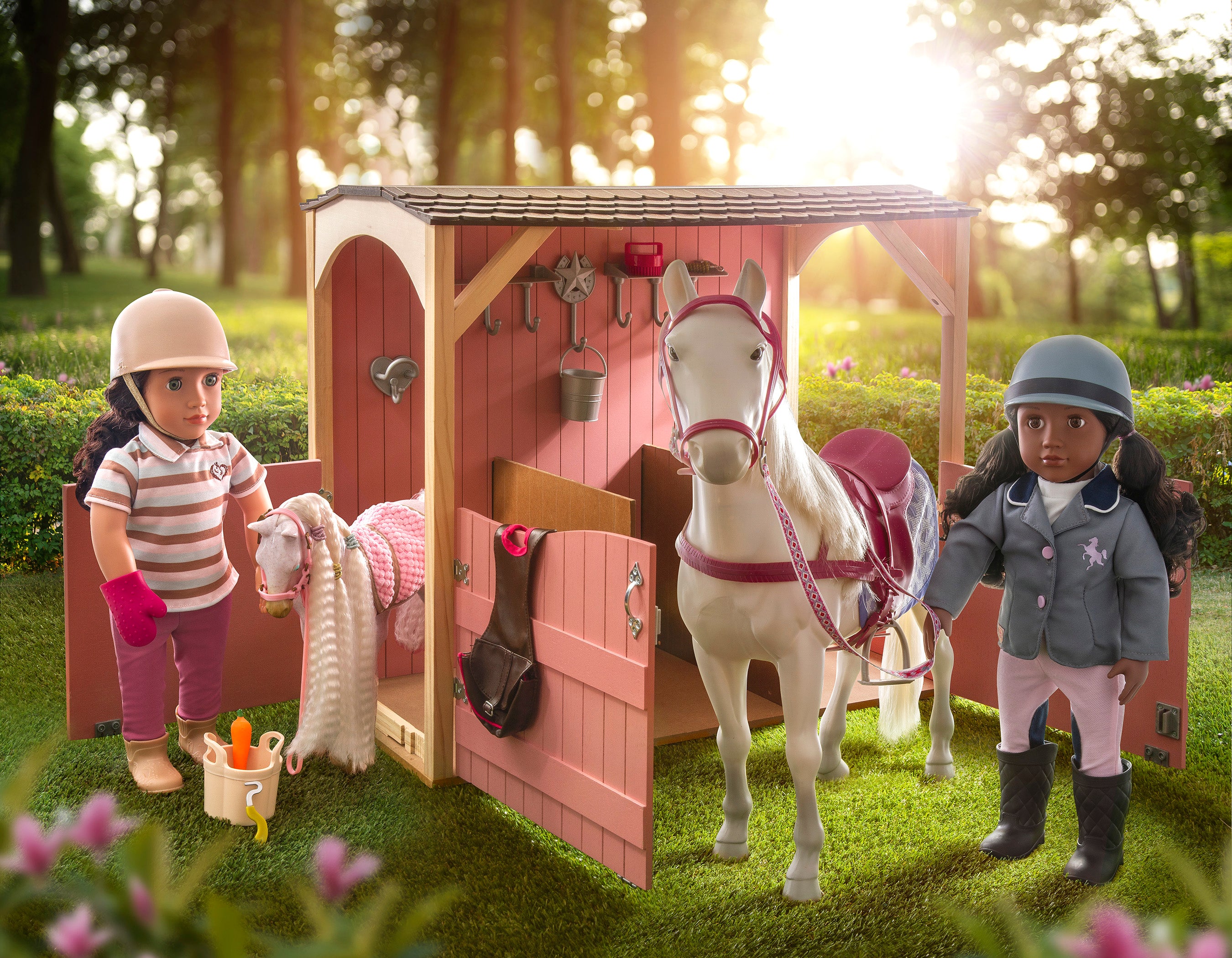 Doll in Horse Riding Outfit, with a Toy Horse and Stable Playset