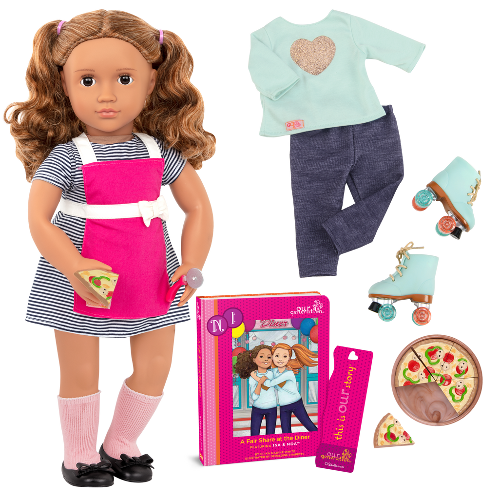 18-inch doll with light-brown hair, brown eyes, diner accessories and storybook
