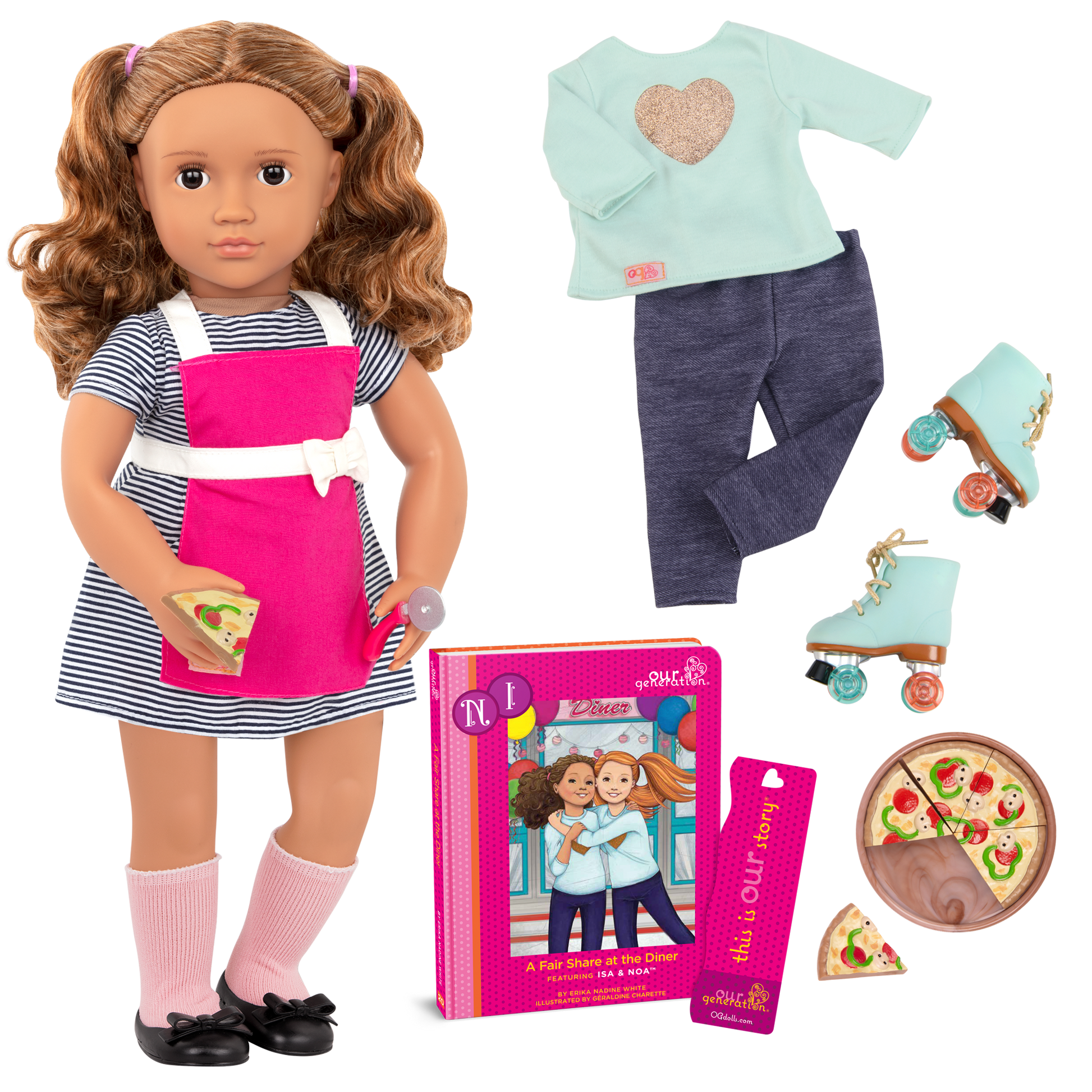 18-inch doll with light-brown hair, brown eyes, diner accessories and storybook