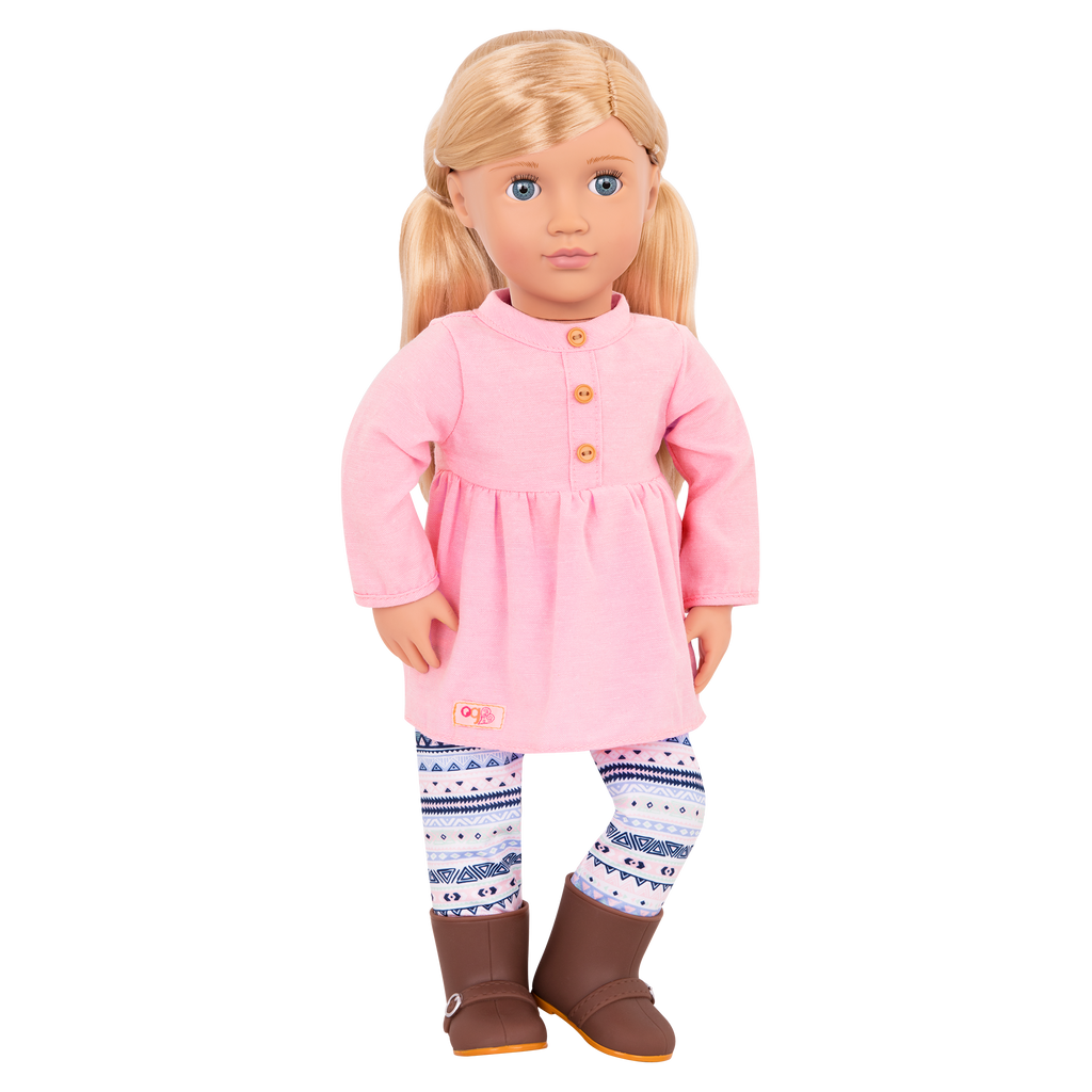 18-inch doll with blonde hair, blue eyes, winter outfits and storybook