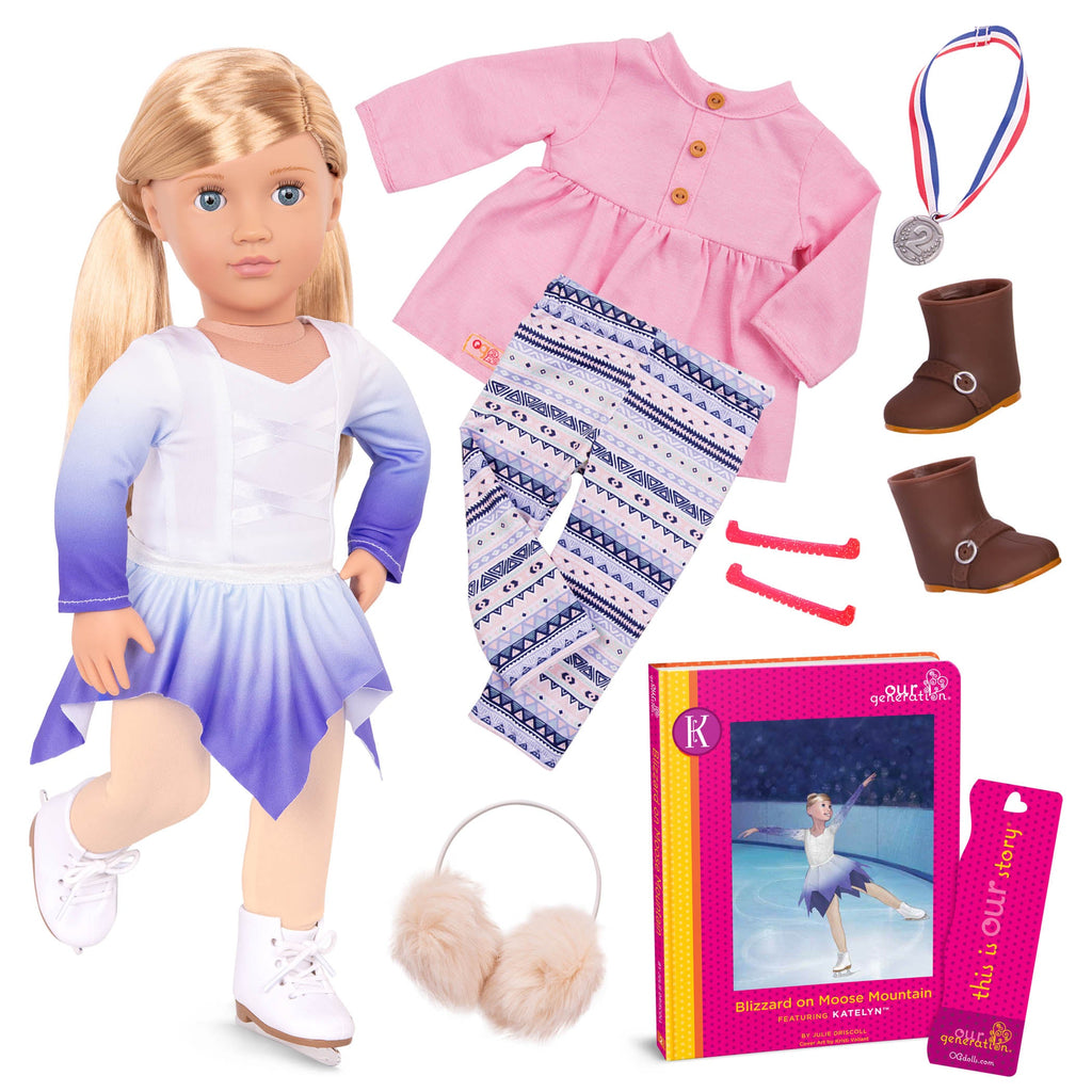 18-inch doll with blonde hair, blue eyes, winter outfits and storybook