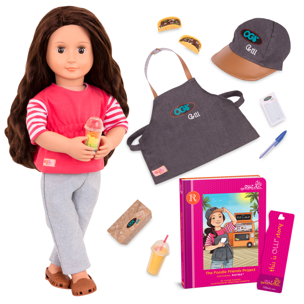18-inch doll with brown hair, brown eyes, food truck accessories and storybook