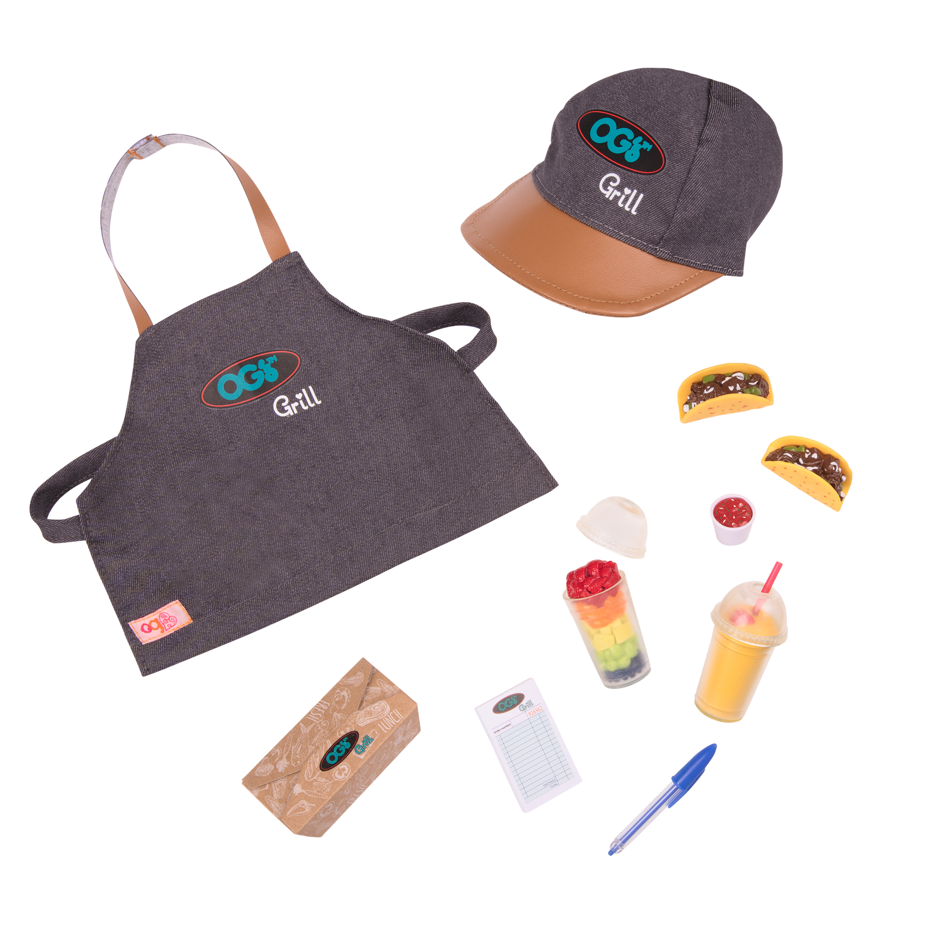 18-inch doll with brown hair, brown eyes, food truck accessories and storybook