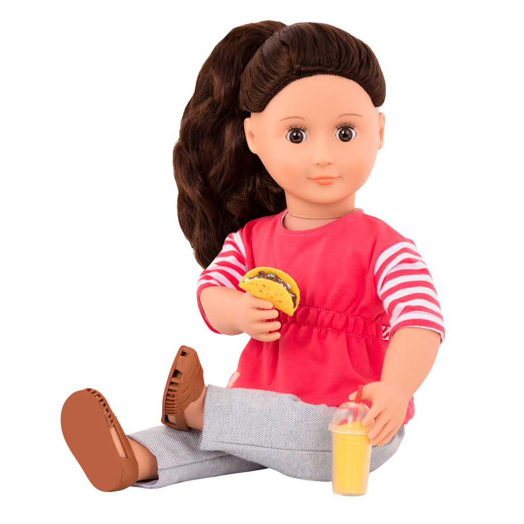 18-inch doll with brown hair, brown eyes, food truck accessories and storybook