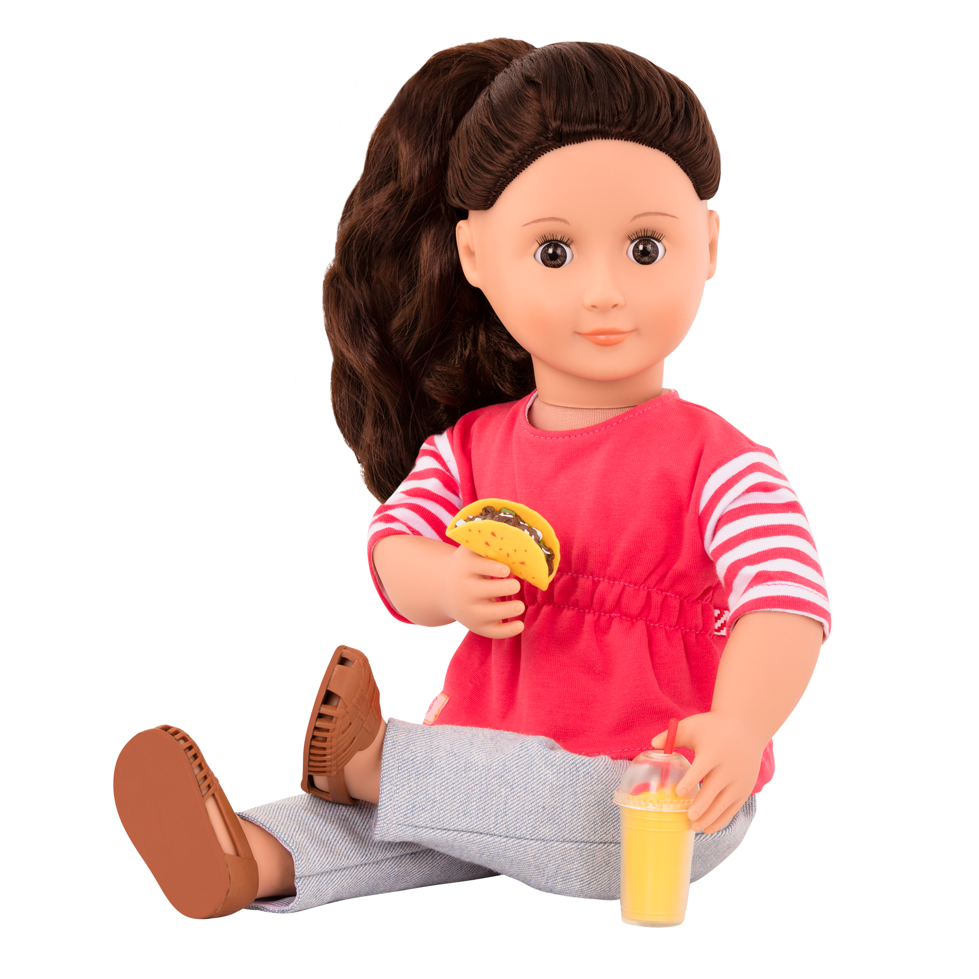 18-inch doll with brown hair, brown eyes, food truck accessories and storybook