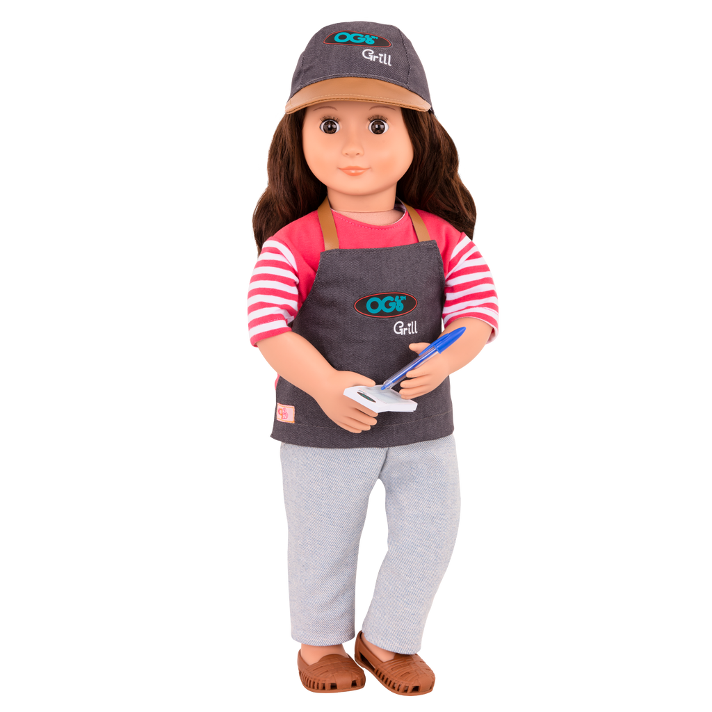18-inch doll with brown hair, brown eyes, food truck accessories and storybook