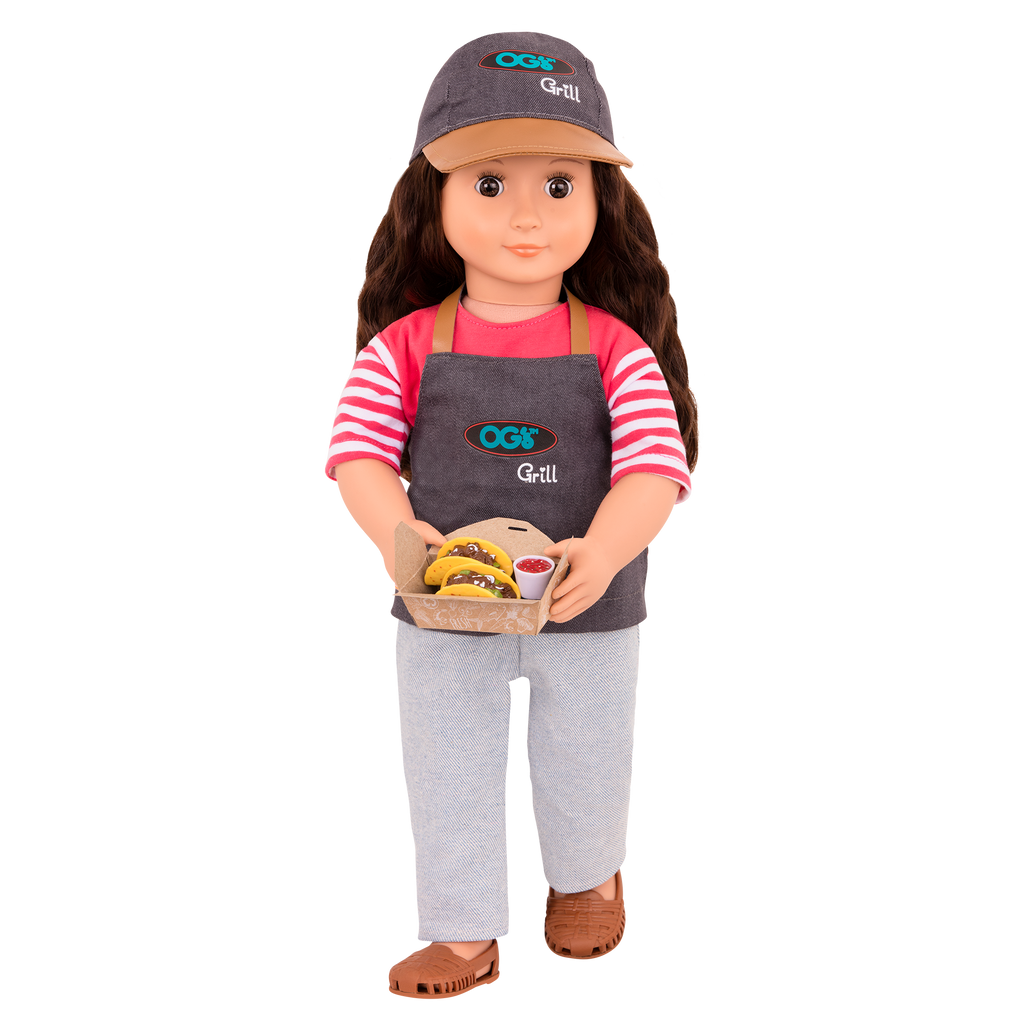 18-inch doll with brown hair, brown eyes, food truck accessories and storybook