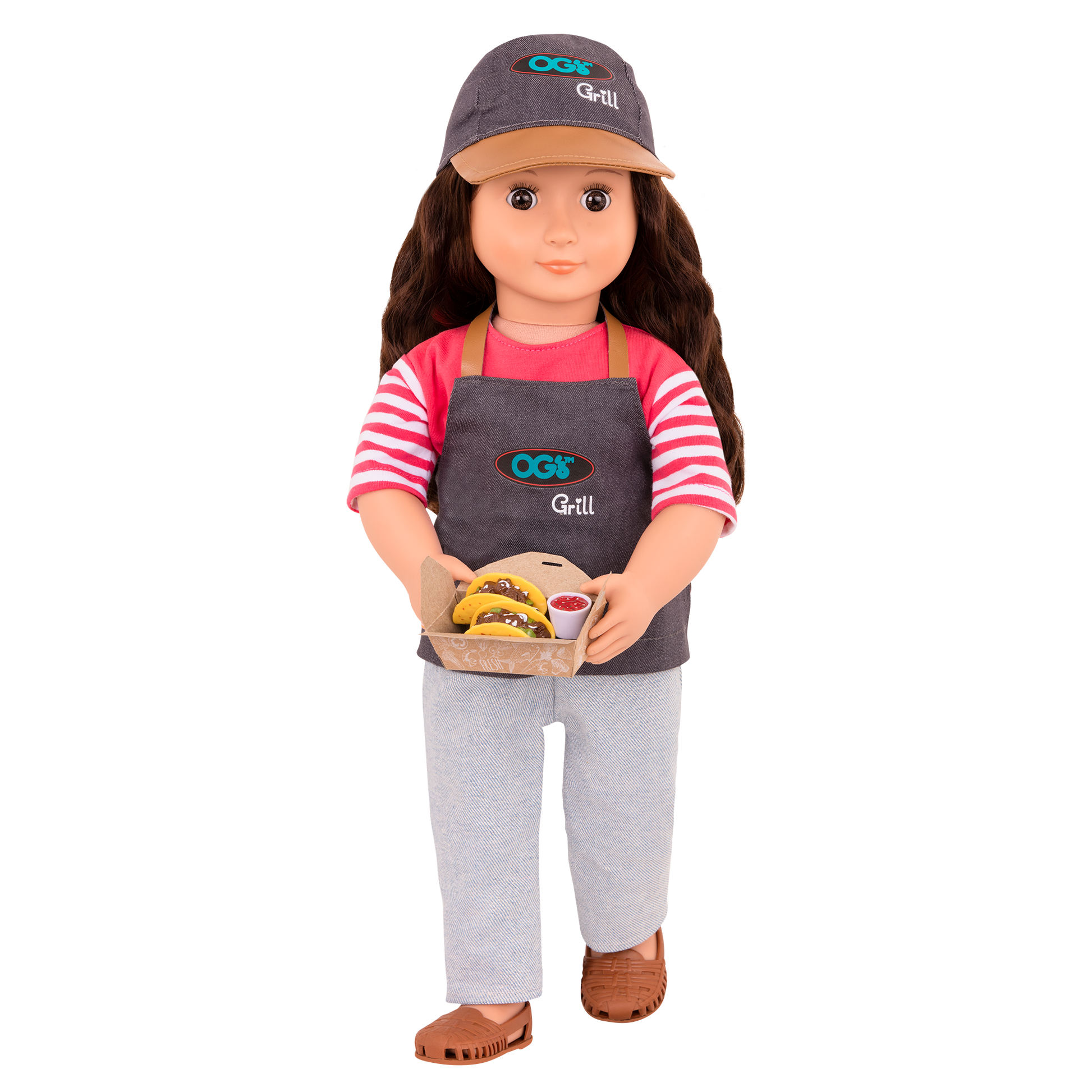 18-inch doll with brown hair, brown eyes, food truck accessories and storybook