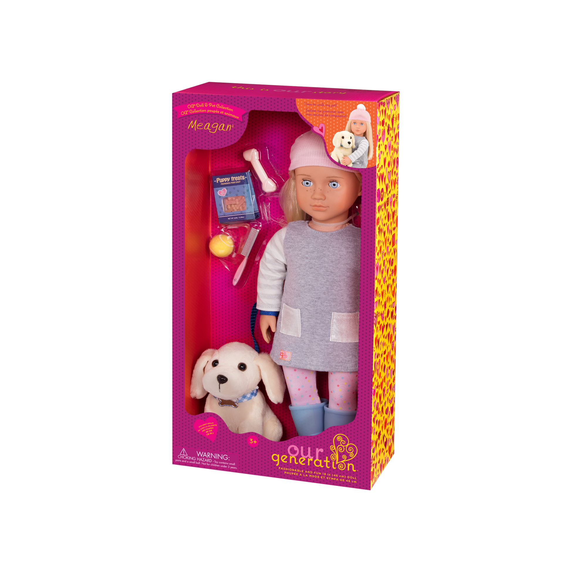 18-inch doll with blonde hair, pale blue eyes and dog accessories walking golden retriever plushie