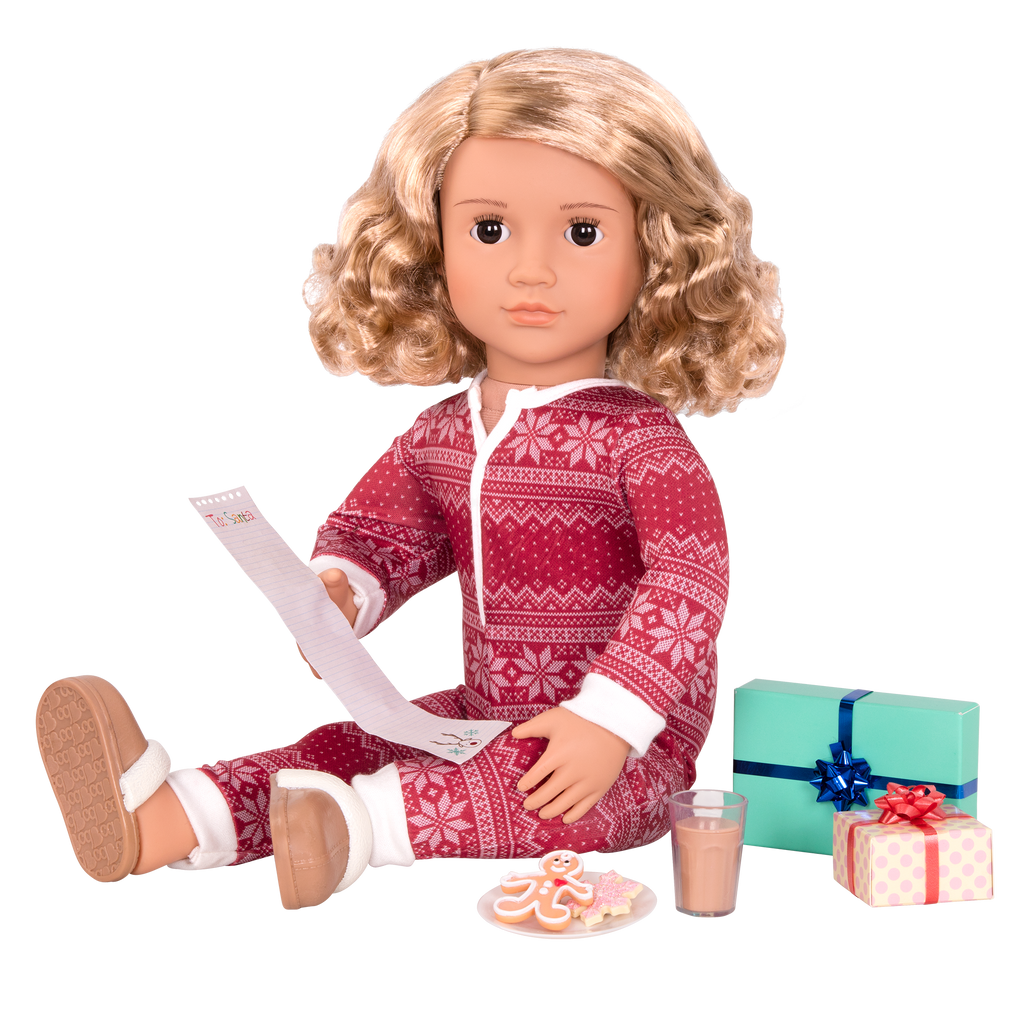 18-inch holiday doll with blonde hair, brown eyes, Christmas accessories and storybook
