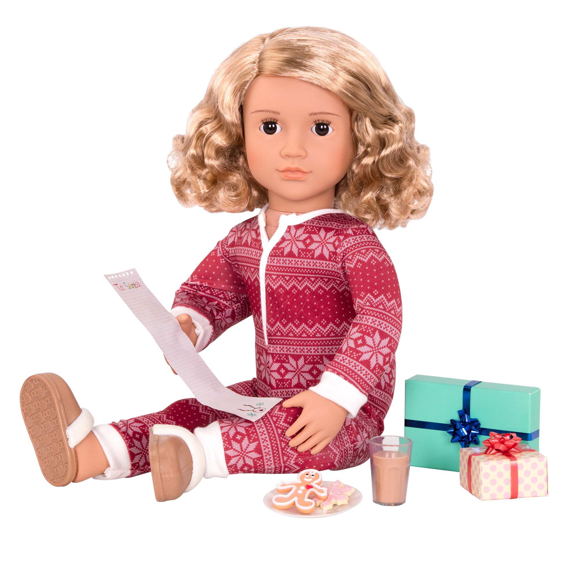 18-inch holiday doll with blonde hair, brown eyes, Christmas accessories and storybook