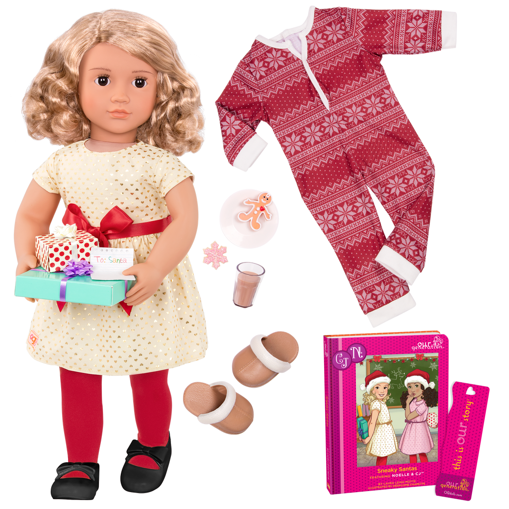 18-inch holiday doll with blonde hair, brown eyes, Christmas accessories and storybook