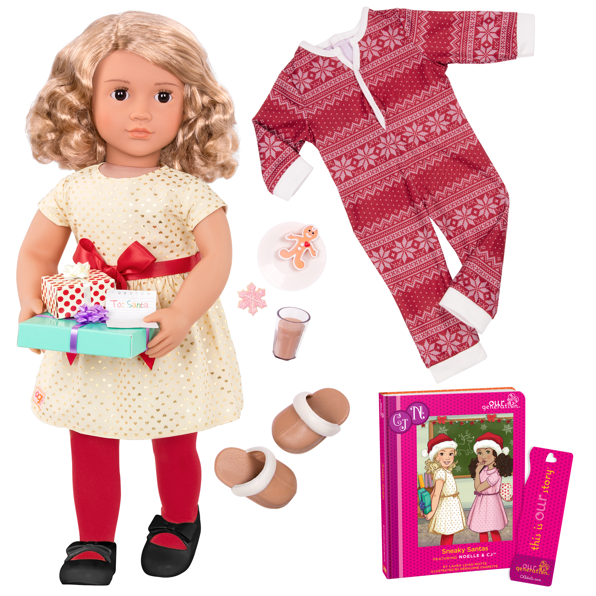 18-inch holiday doll with blonde hair, brown eyes, Christmas accessories and storybook