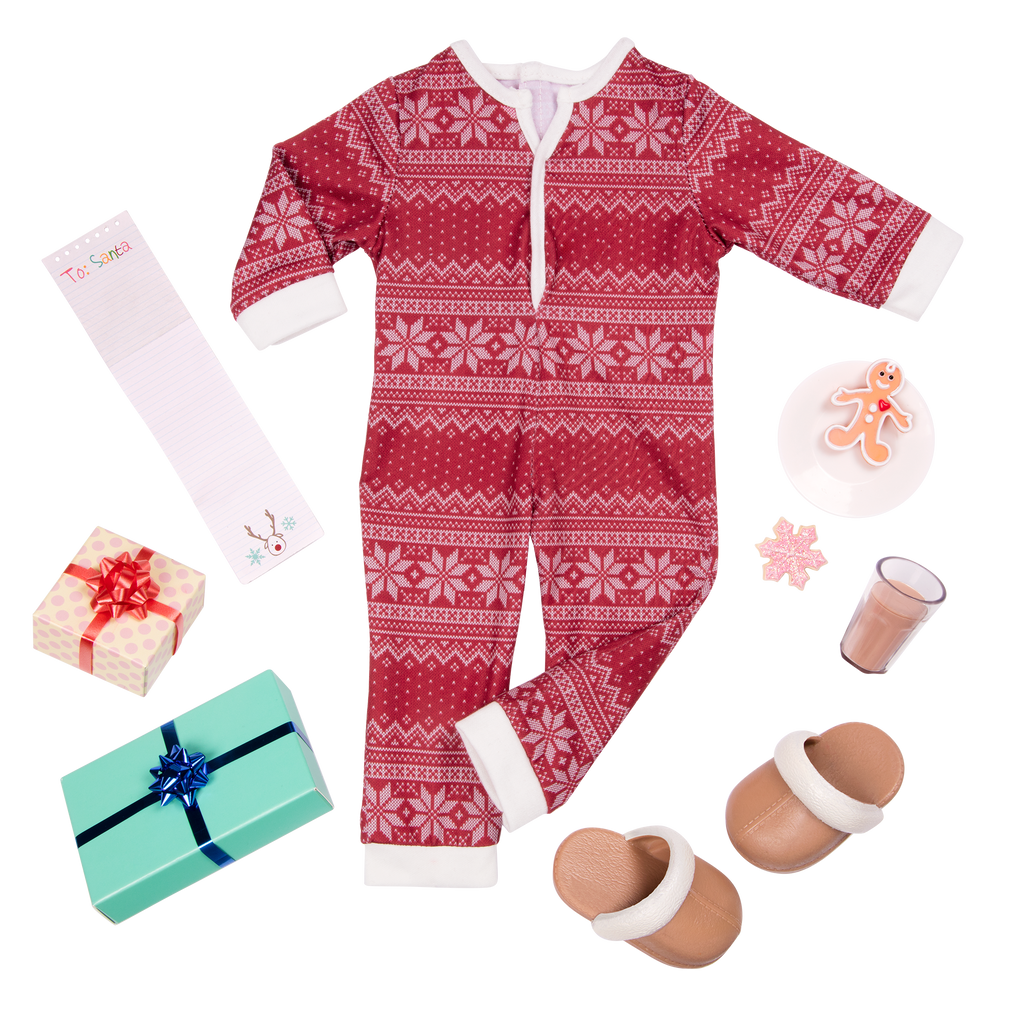 18-inch holiday doll with blonde hair, brown eyes, Christmas accessories and storybook