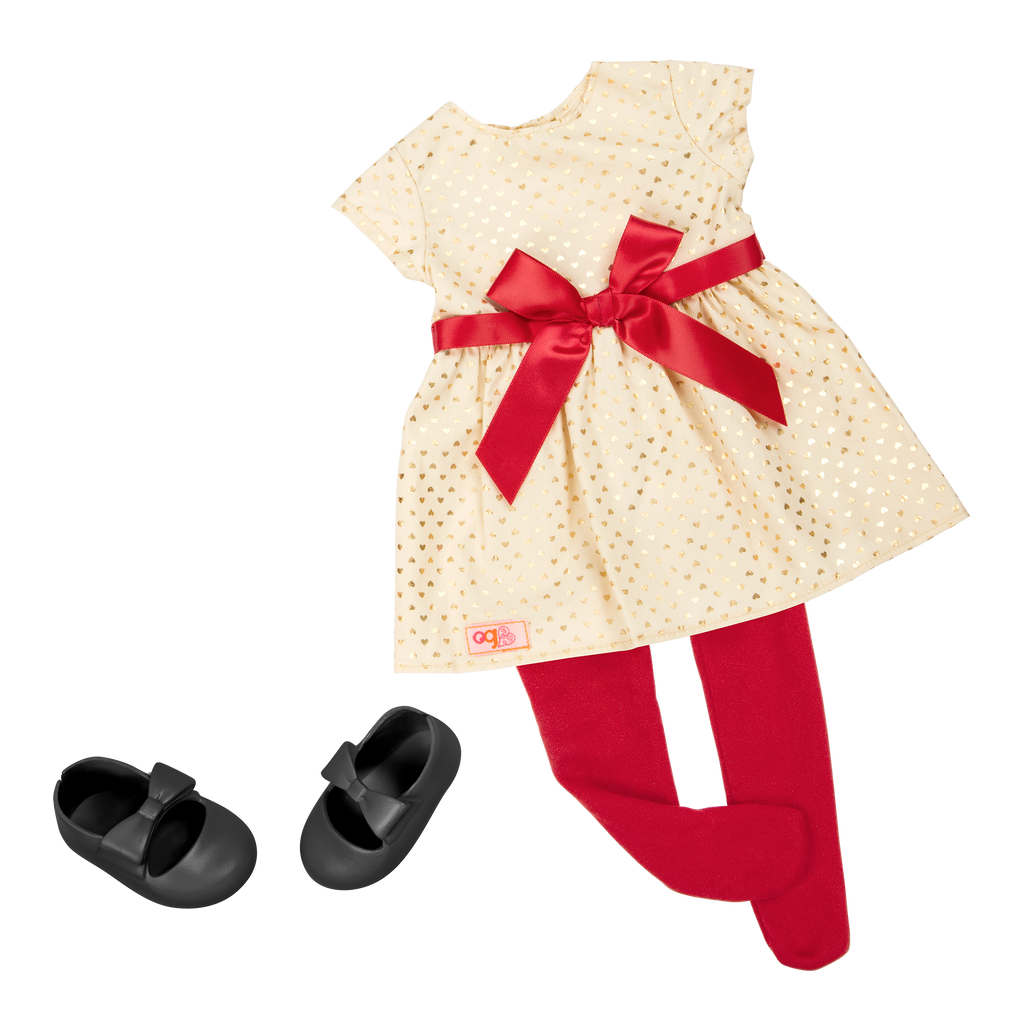 18-inch holiday doll with blonde hair, brown eyes, Christmas accessories and storybook