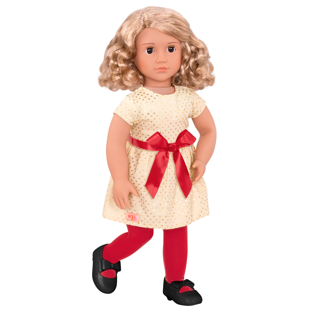 18-inch holiday doll with blonde hair, brown eyes, Christmas accessories and storybook