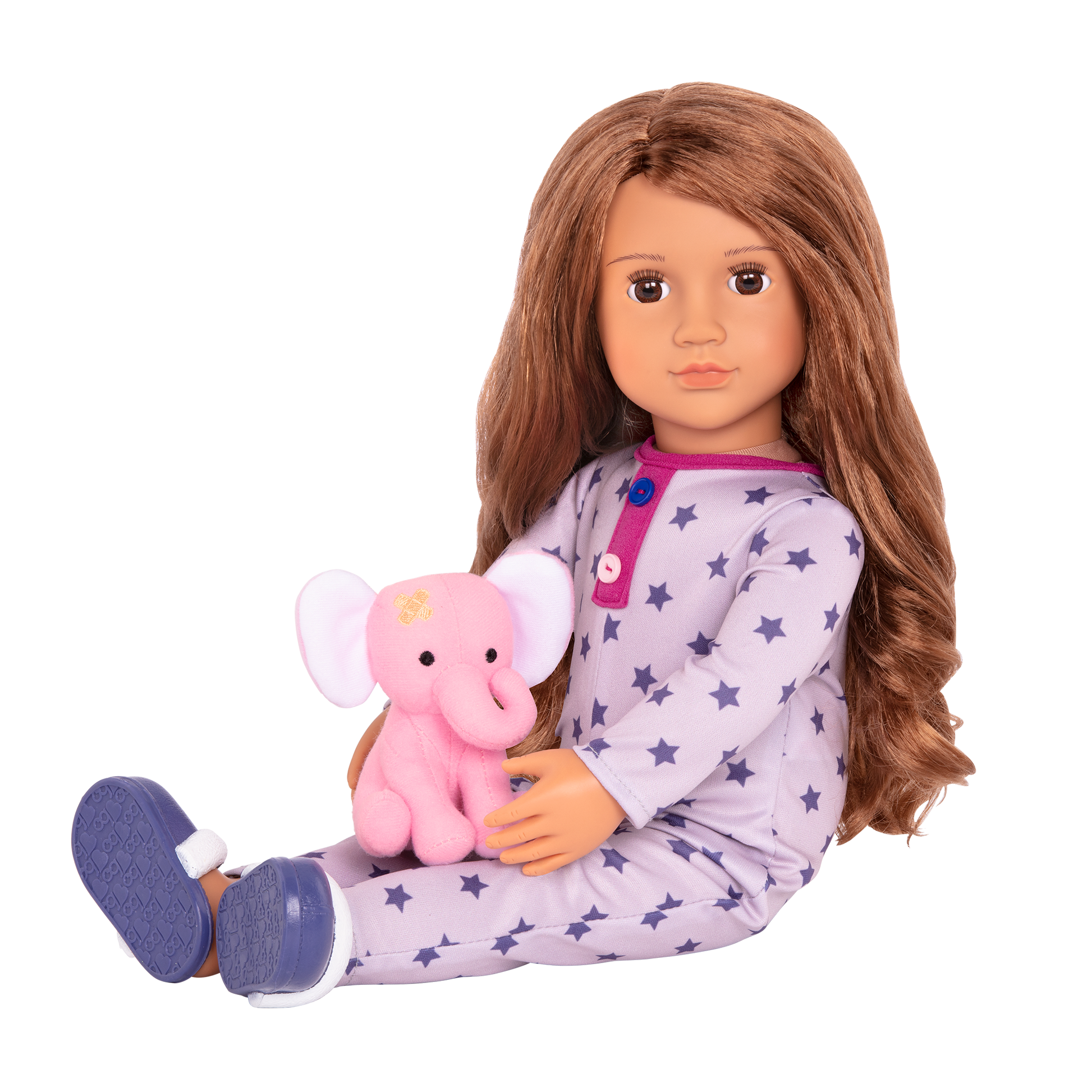 18-inch sleepover doll with light-brown hair and brown eyes holding elephant plushie