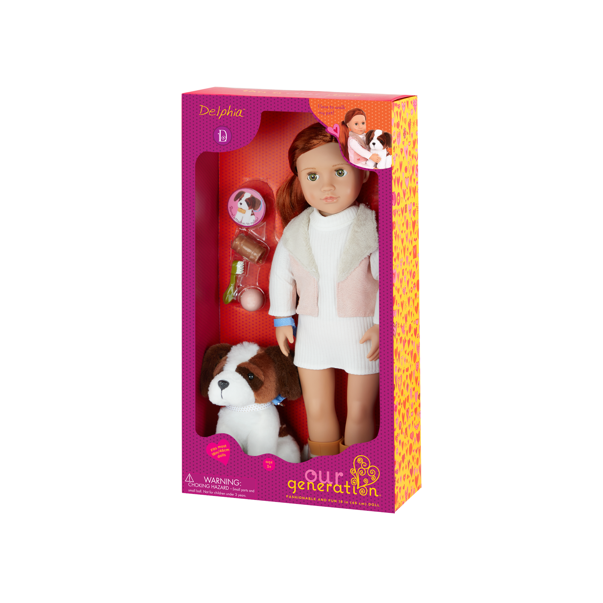 46 cm doll with red hair, green eyes and dog accessories walking Saint Bernard plushie