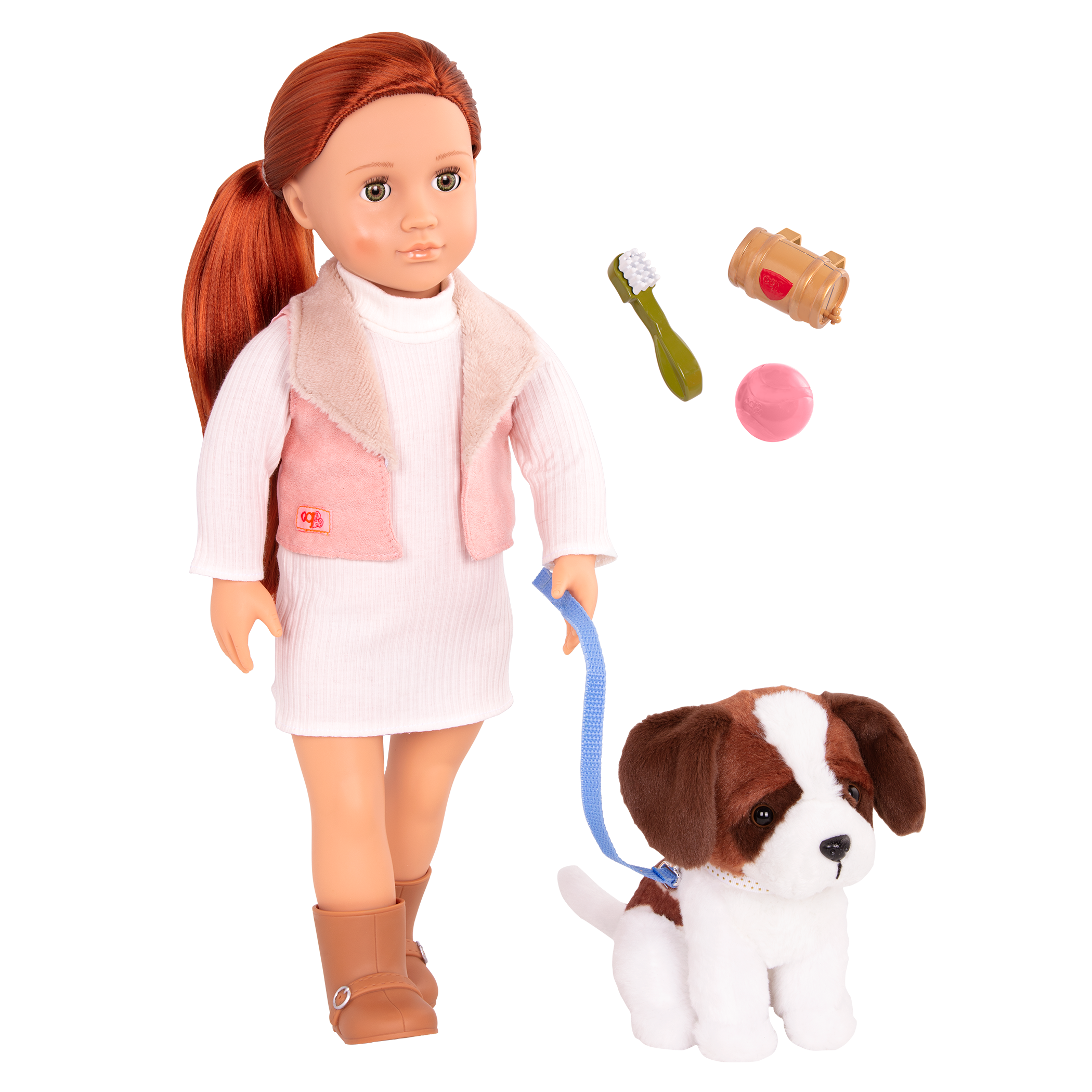 46 cm doll with red hair, green eyes and dog accessories walking Saint Bernard plushie