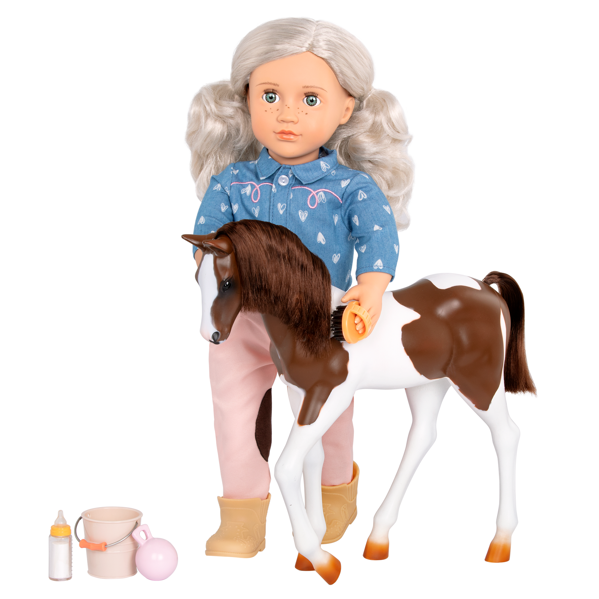 18-inch doll with silver hair, green eyes, horse accessories and toy foal