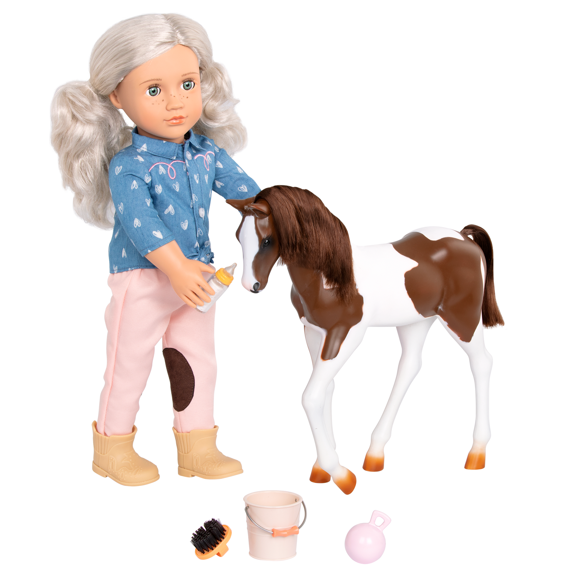 18-inch doll with silver hair, green eyes, horse accessories and toy foal
