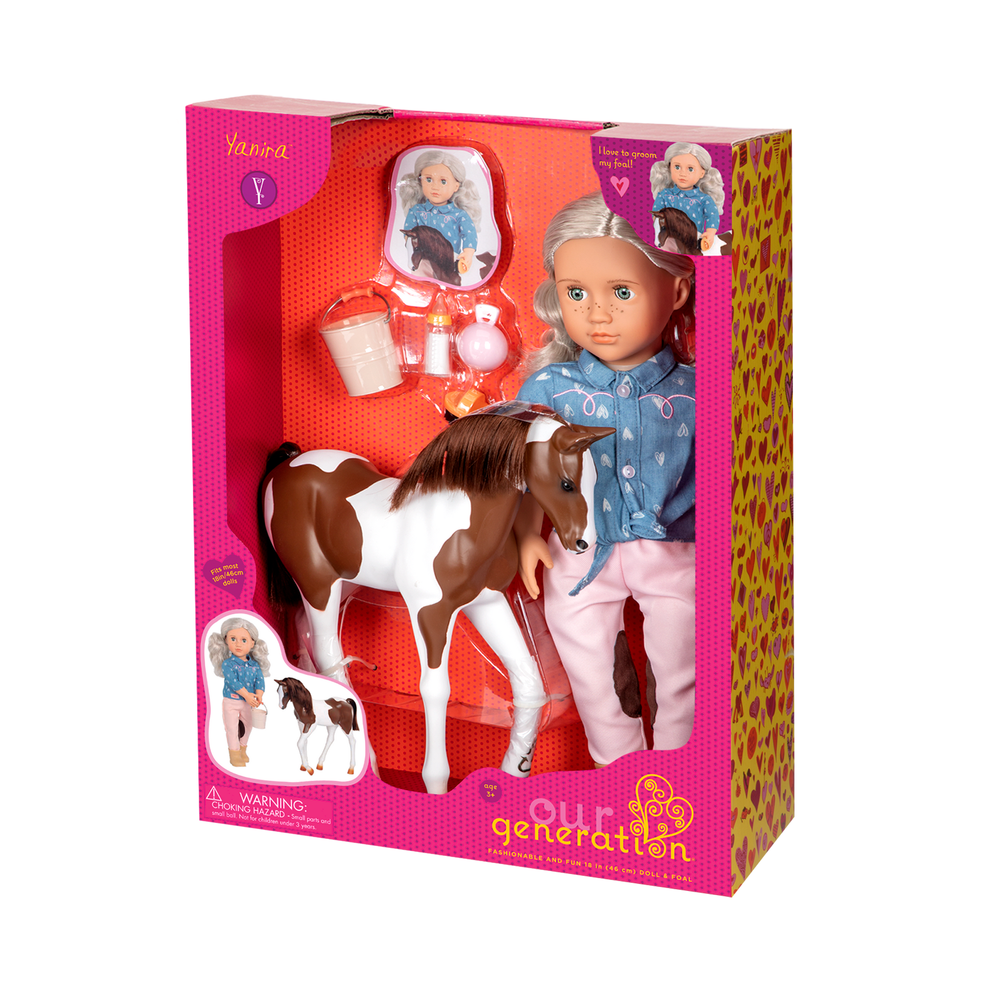 18-inch doll with silver hair, green eyes, horse accessories and toy foal