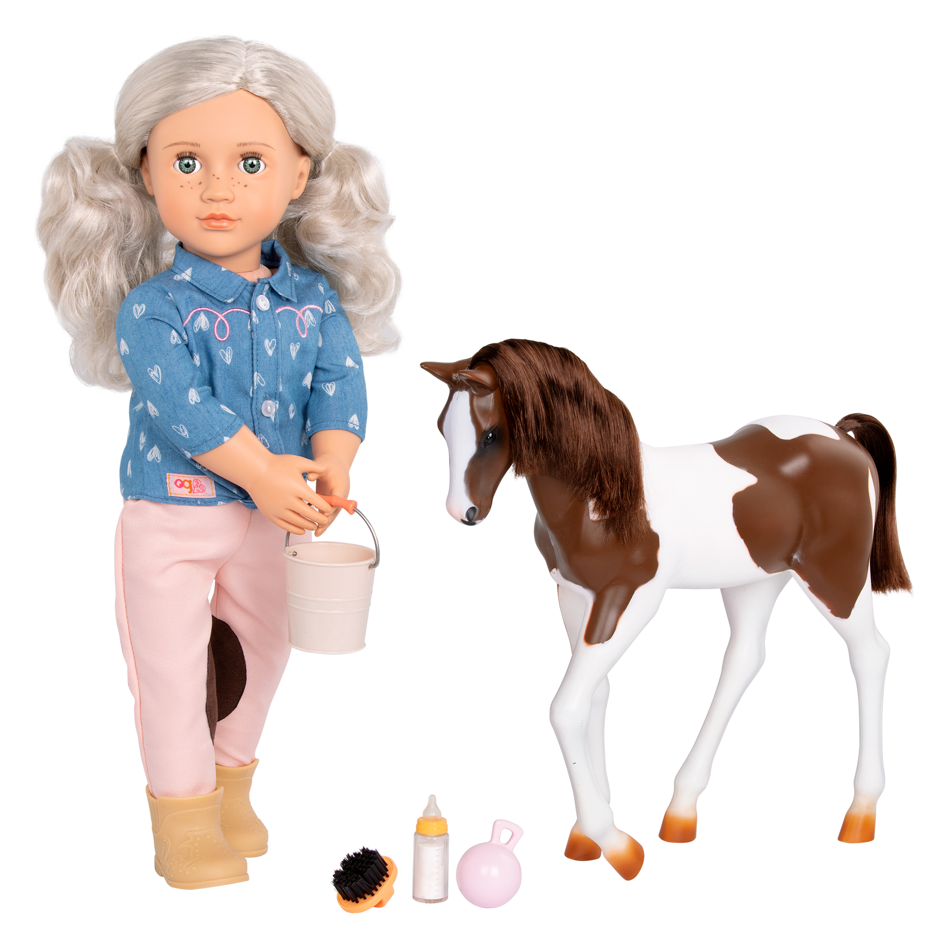 18-inch doll with silver hair, green eyes, horse accessories and toy foal