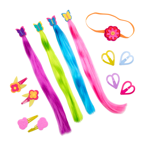 Two 18-inch dolls with colorful hair accessories