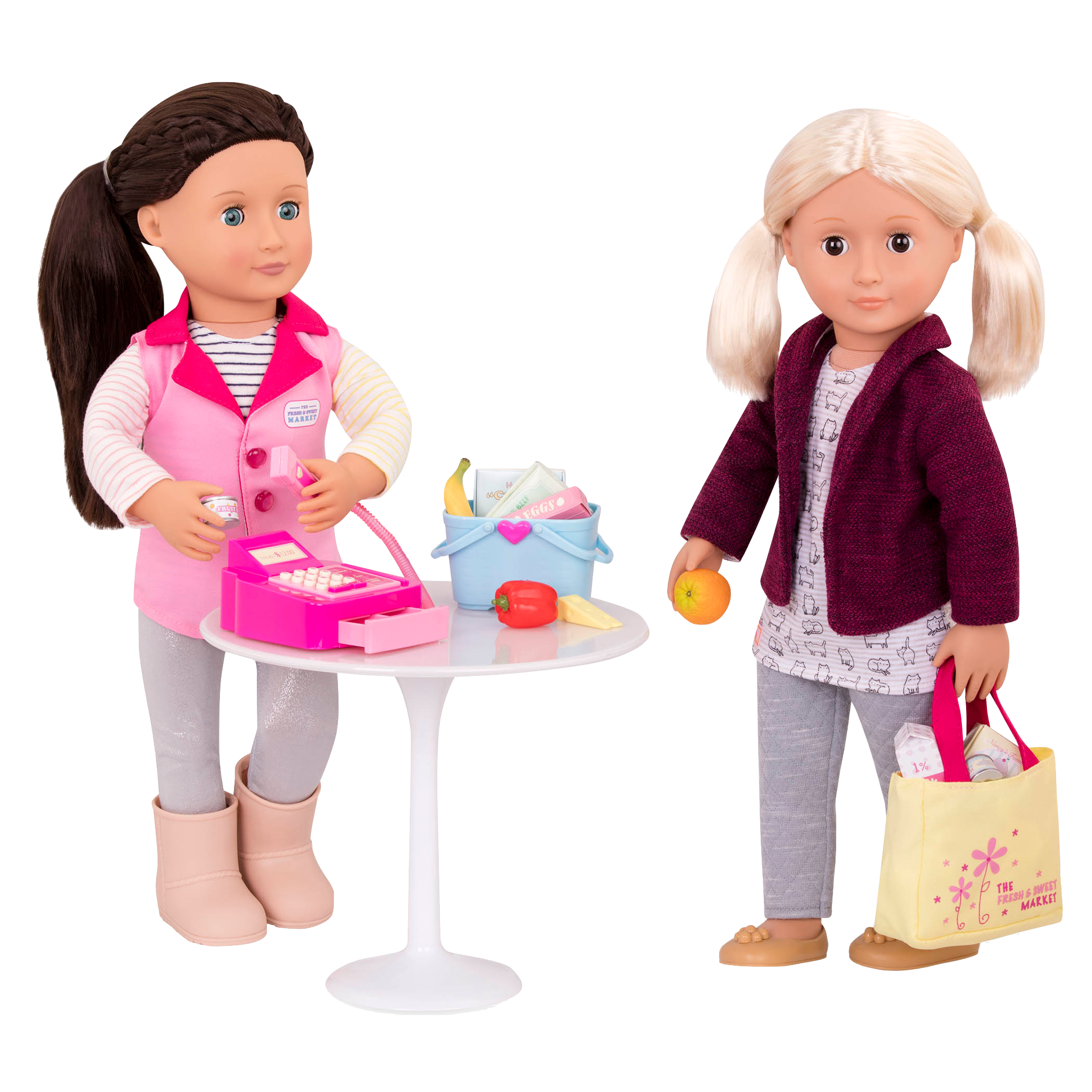 Two 46 cm dolls with grocery shopping playset