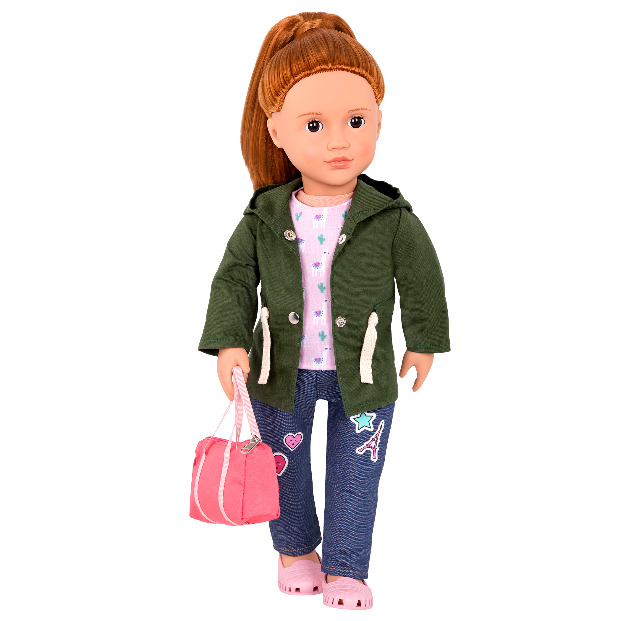 Alpaca-themed travel outfit with duffel bag for 18-inch doll