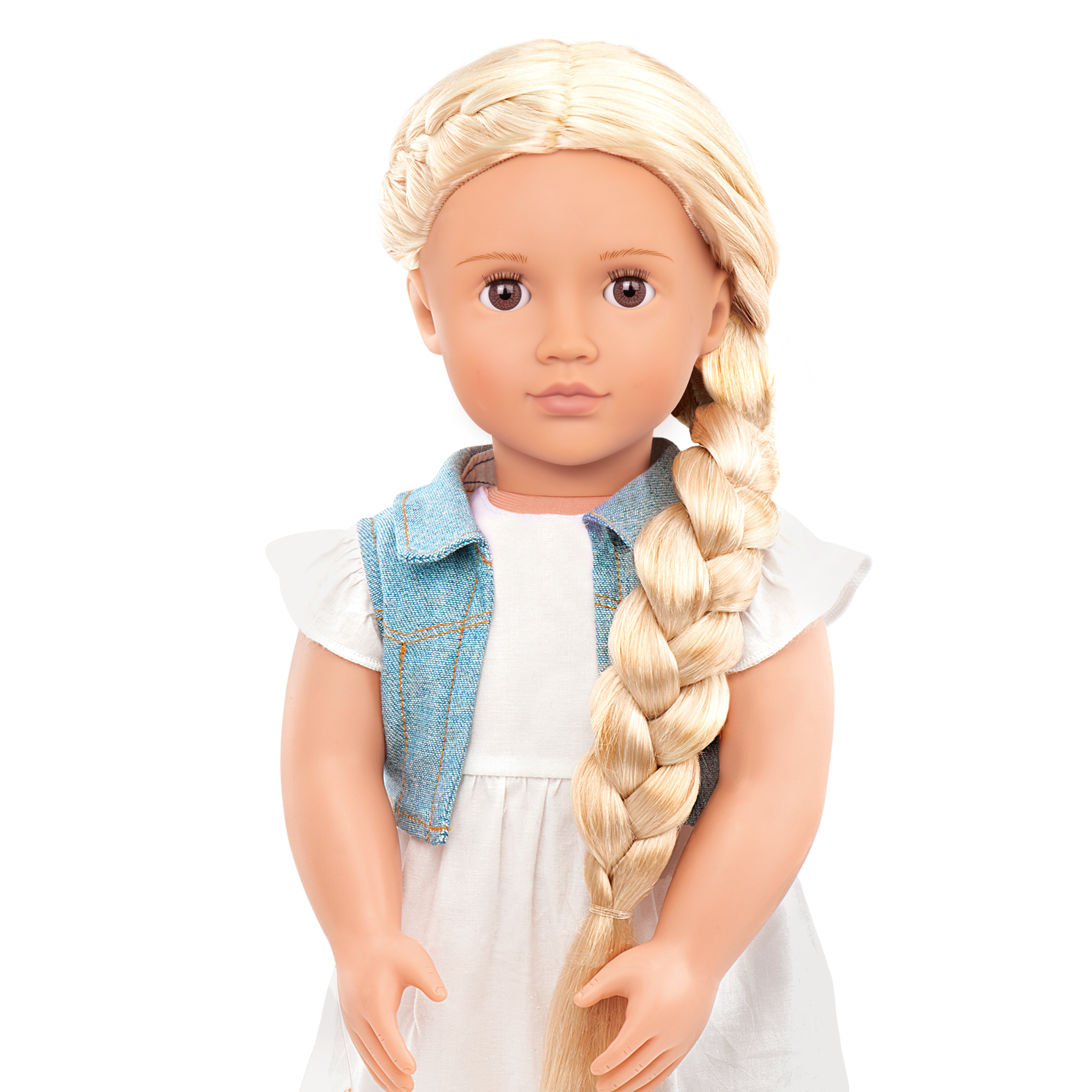 18-inch doll with blonde hair, brown eyes and extensions
