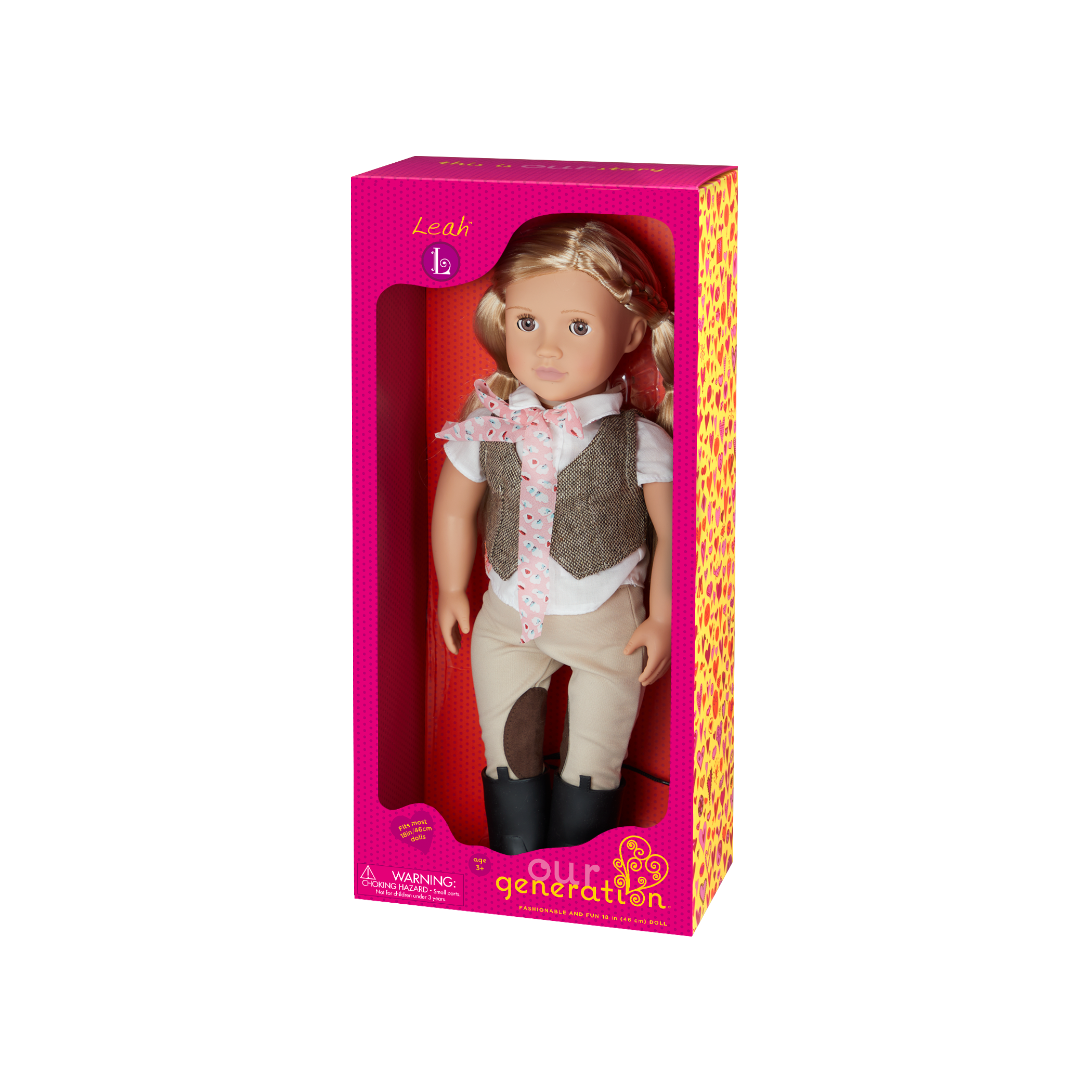 18-inch equestrian doll with blonde hair and brown eyes