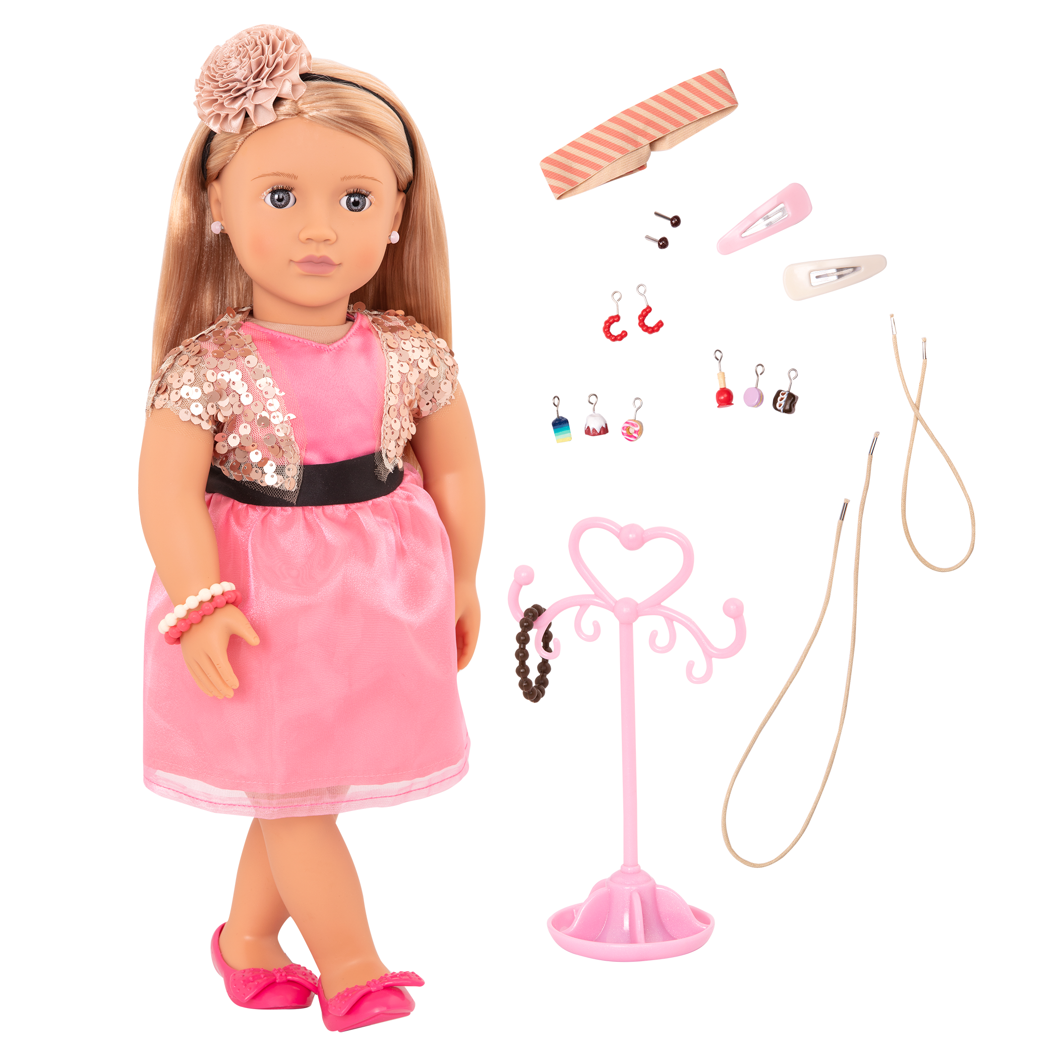 18-inch doll with blonde hair, gray eyes, jewelry and stand