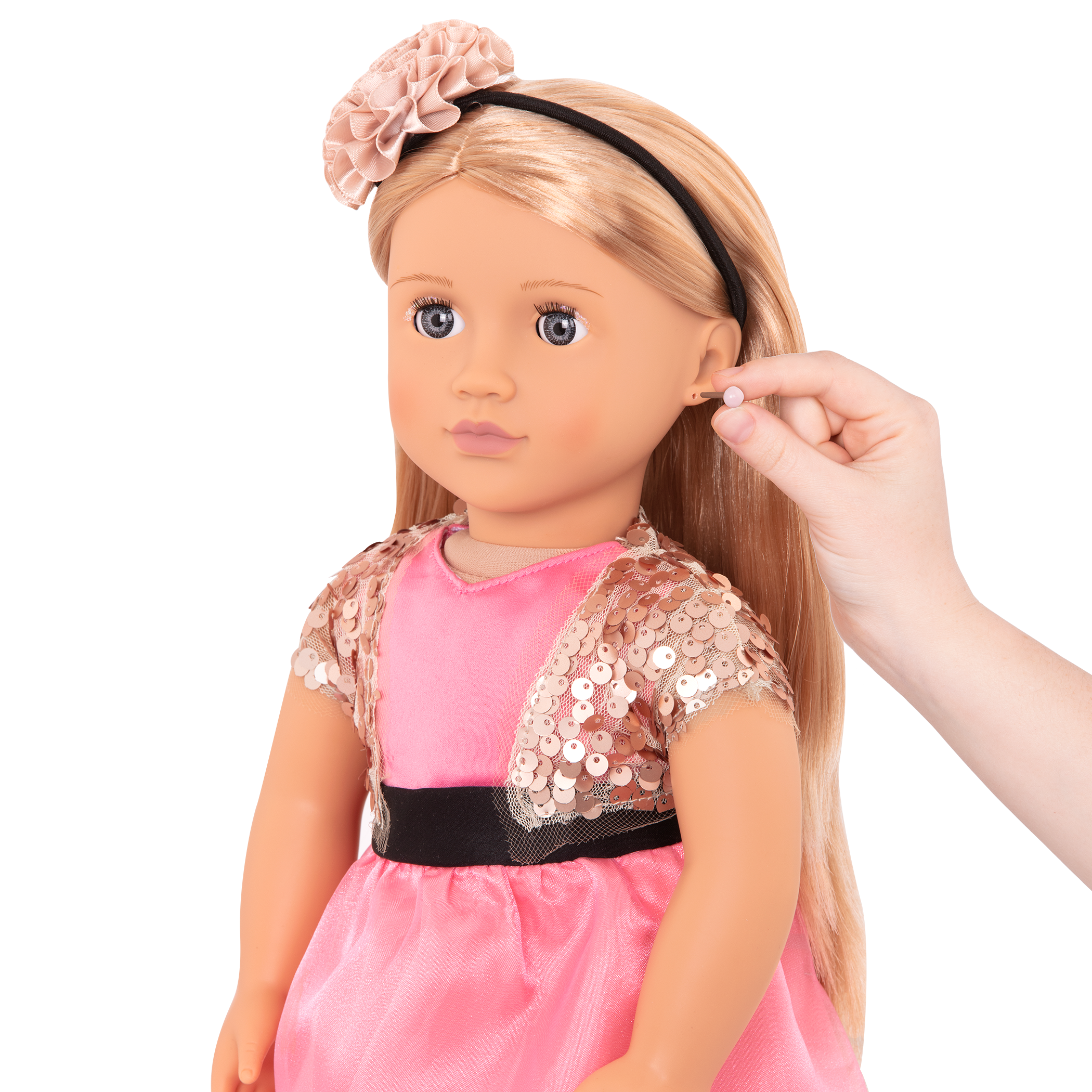 18-inch doll with blonde hair, gray eyes, jewelry and stand