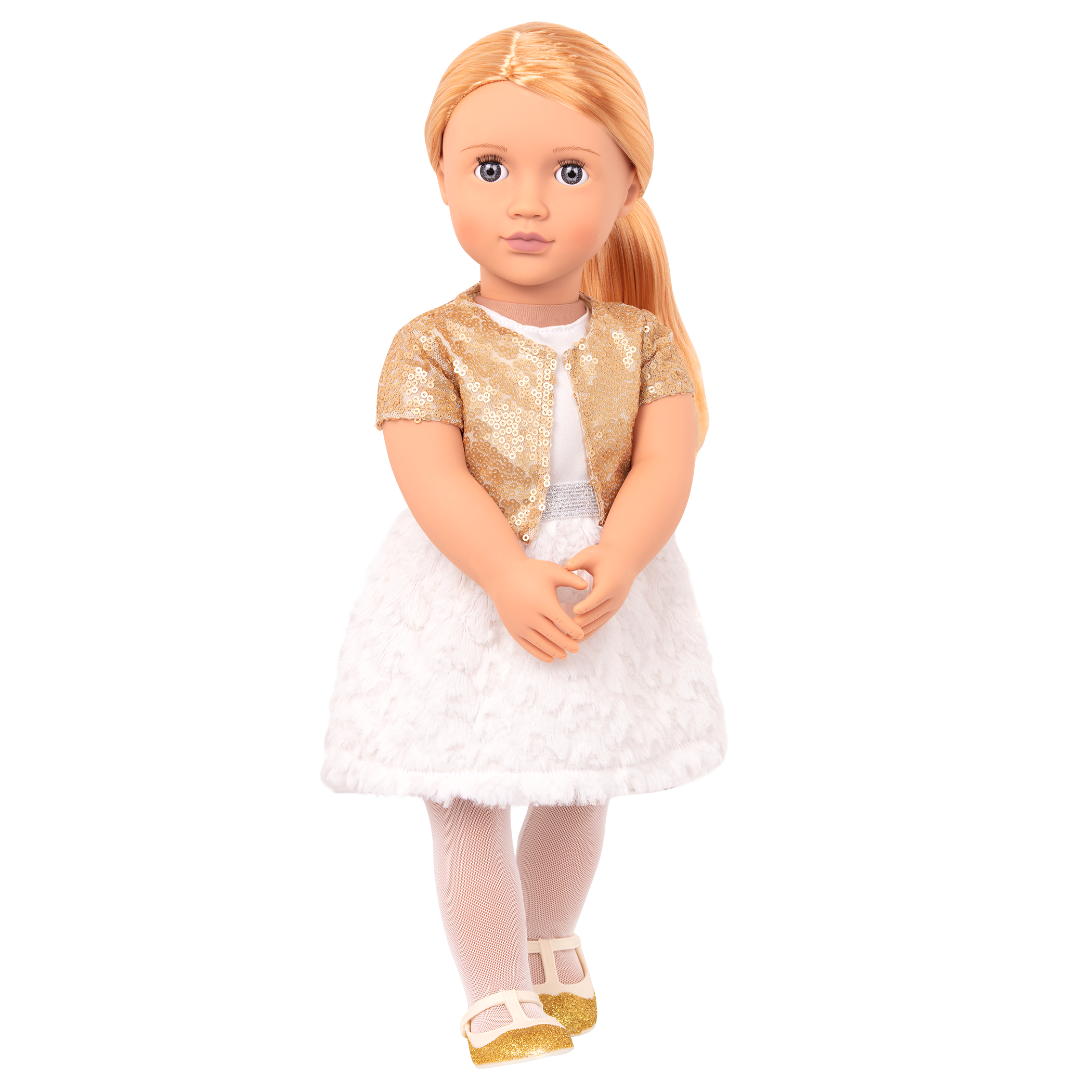18-inch holiday doll with strawberry-blonde hair and gray eyes