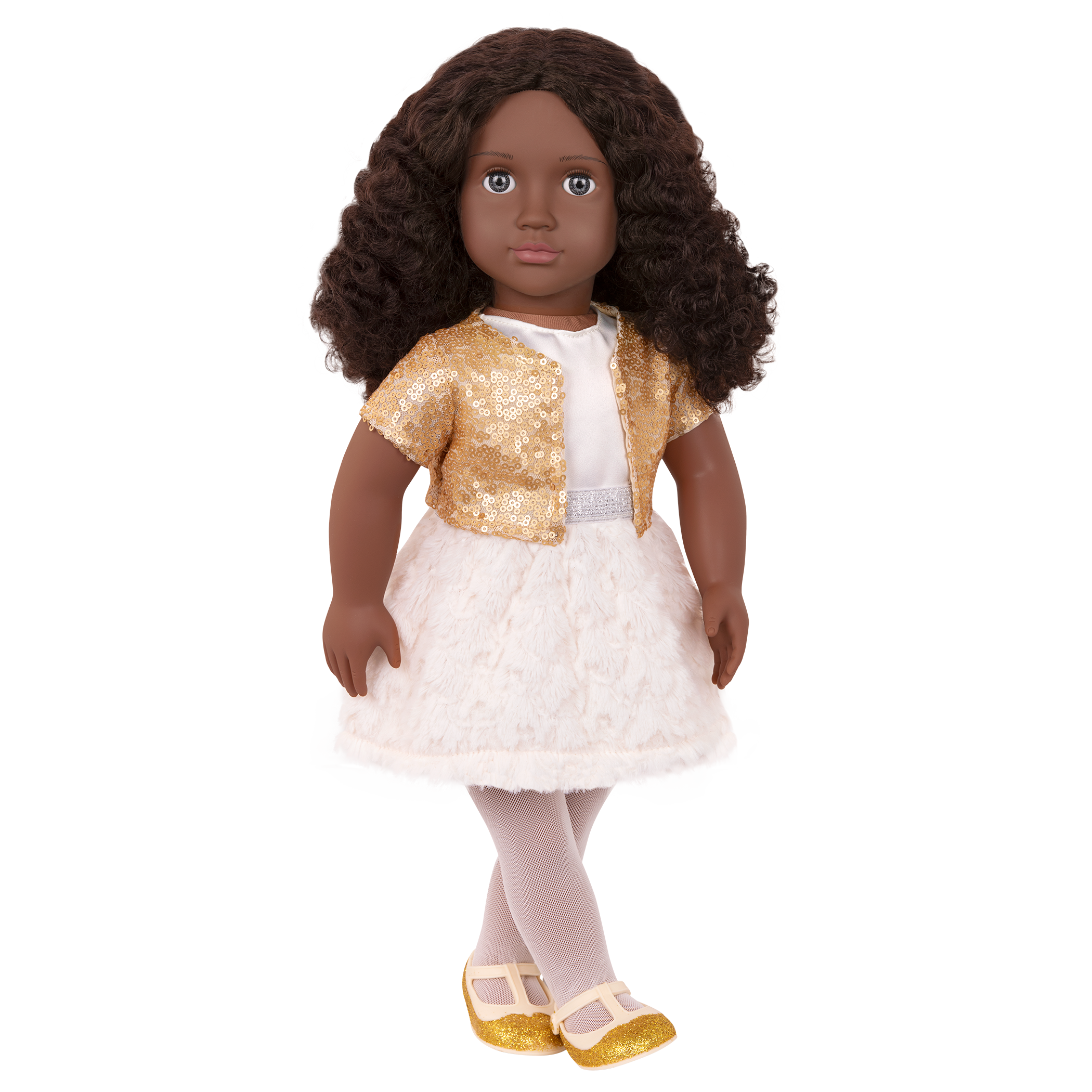 18-inch holiday doll with brown hair and gray eyes