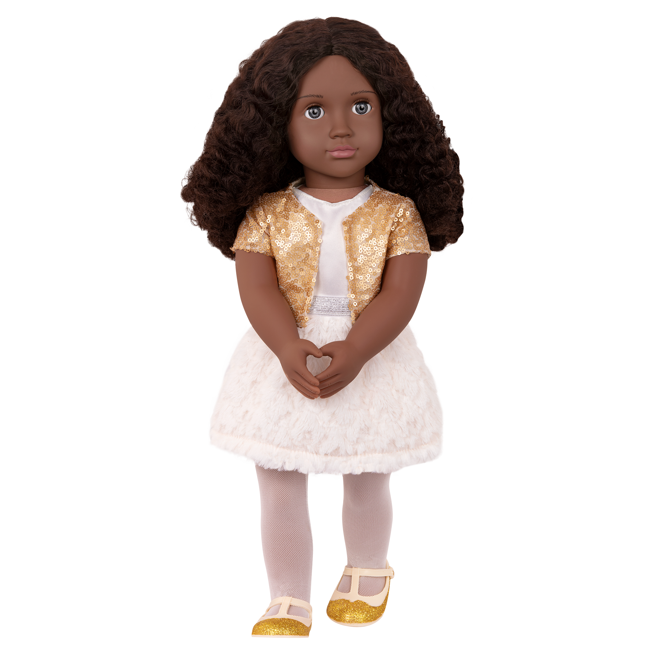18-inch holiday doll with brown hair and gray eyes