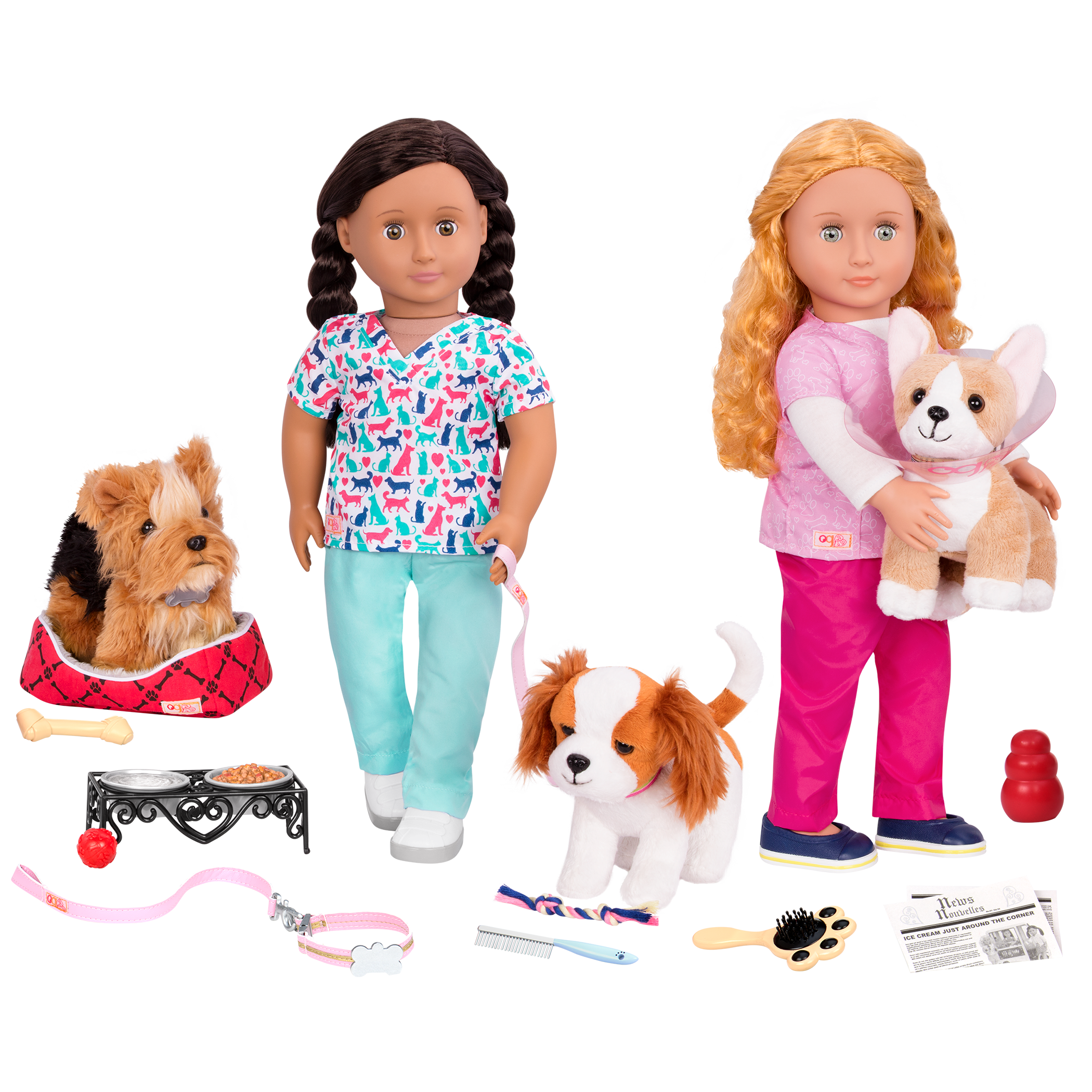 Dog plushie with pet care playset