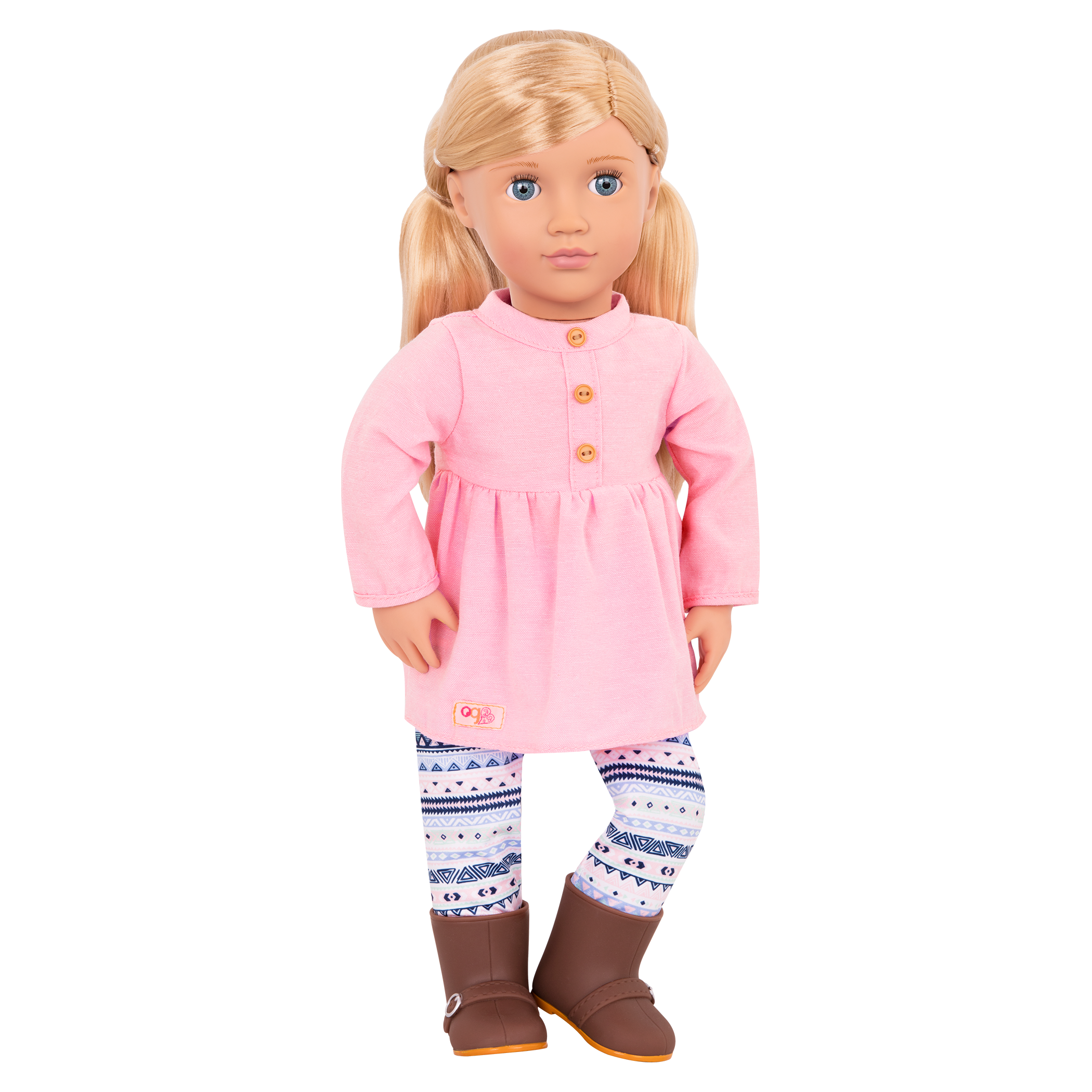 18-inch doll with blonde hair, blue eyes, winter outfits and storybook