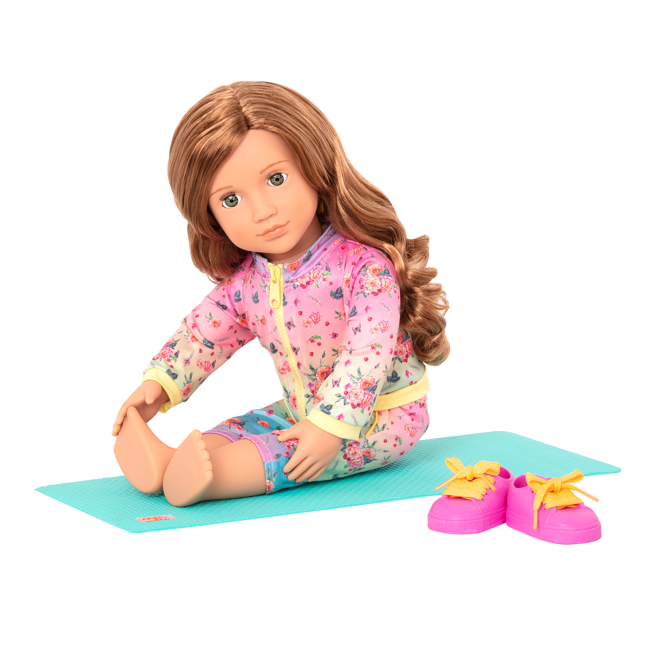 18-inch doll with medium-brown hair, green eyes and yoga mat