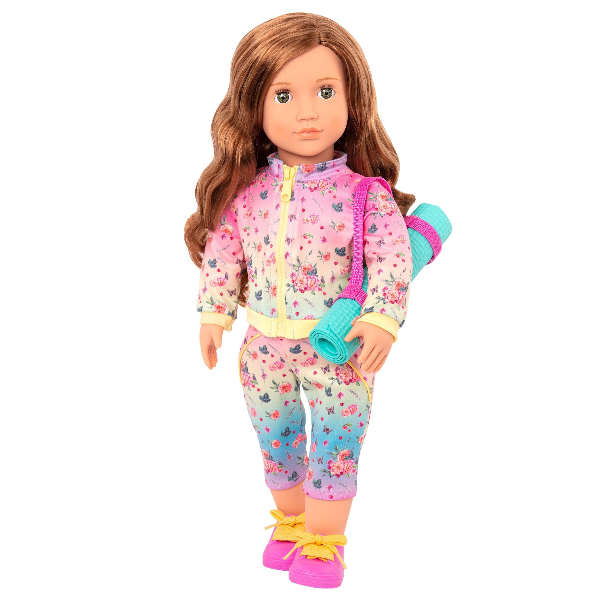 18-inch doll with medium-brown hair, green eyes and yoga mat