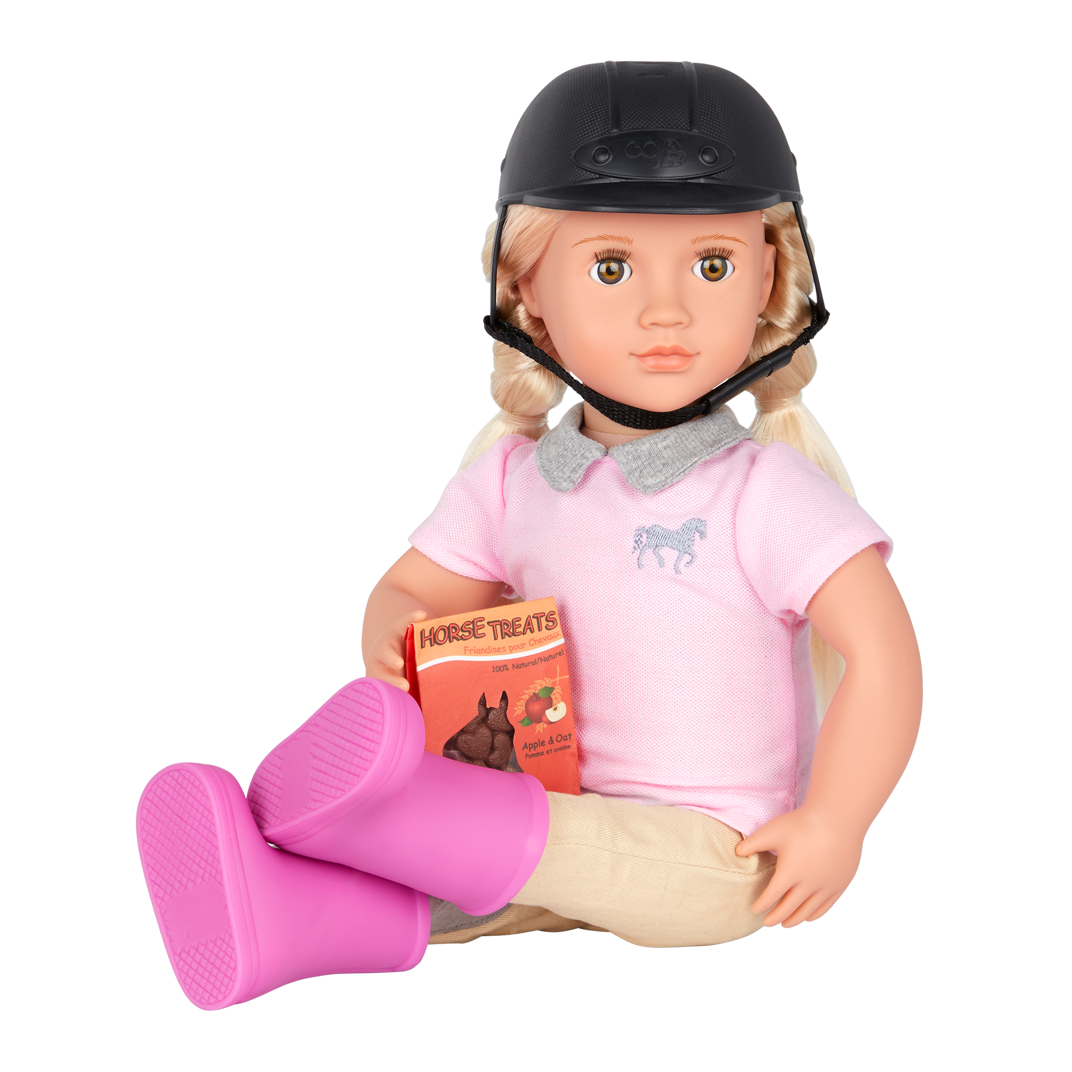 18-inch doll with blonde hair, light brown eyes, equestrian accessories and storybook