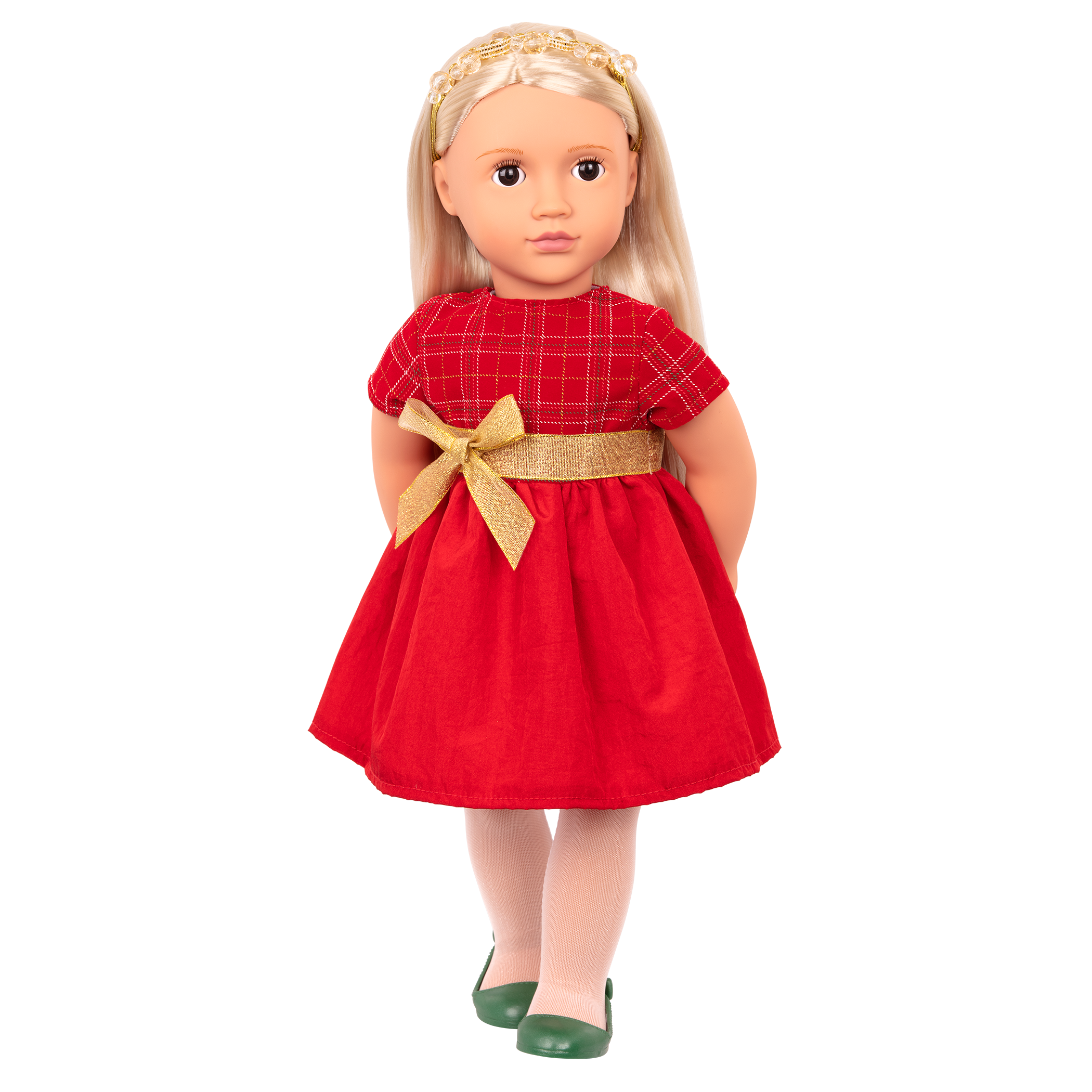 18-inch holiday doll with blonde hair and dark brown eyes