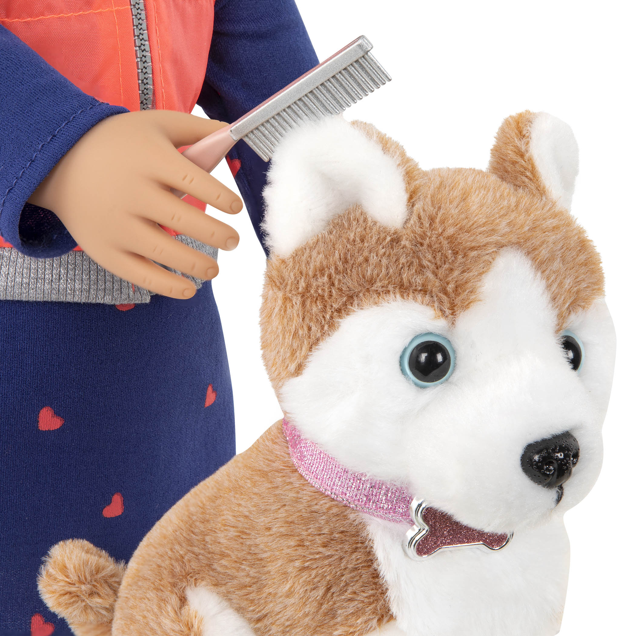 18-inch doll with brown hair, brown eyes and dog accessories walking husky plushie